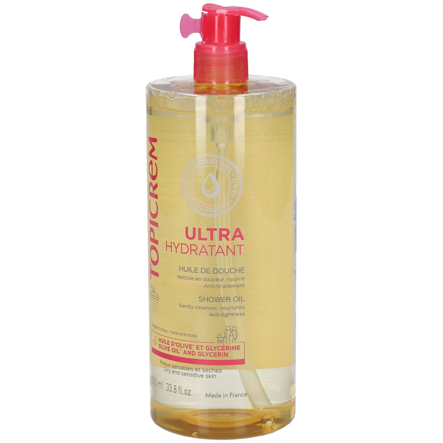 Flacone trasparente con pompa rosa. Scritta TOPICREM, ULTRA HYDRATANT, Huile de Douche. Contiene olio d'oliva e glicerina.