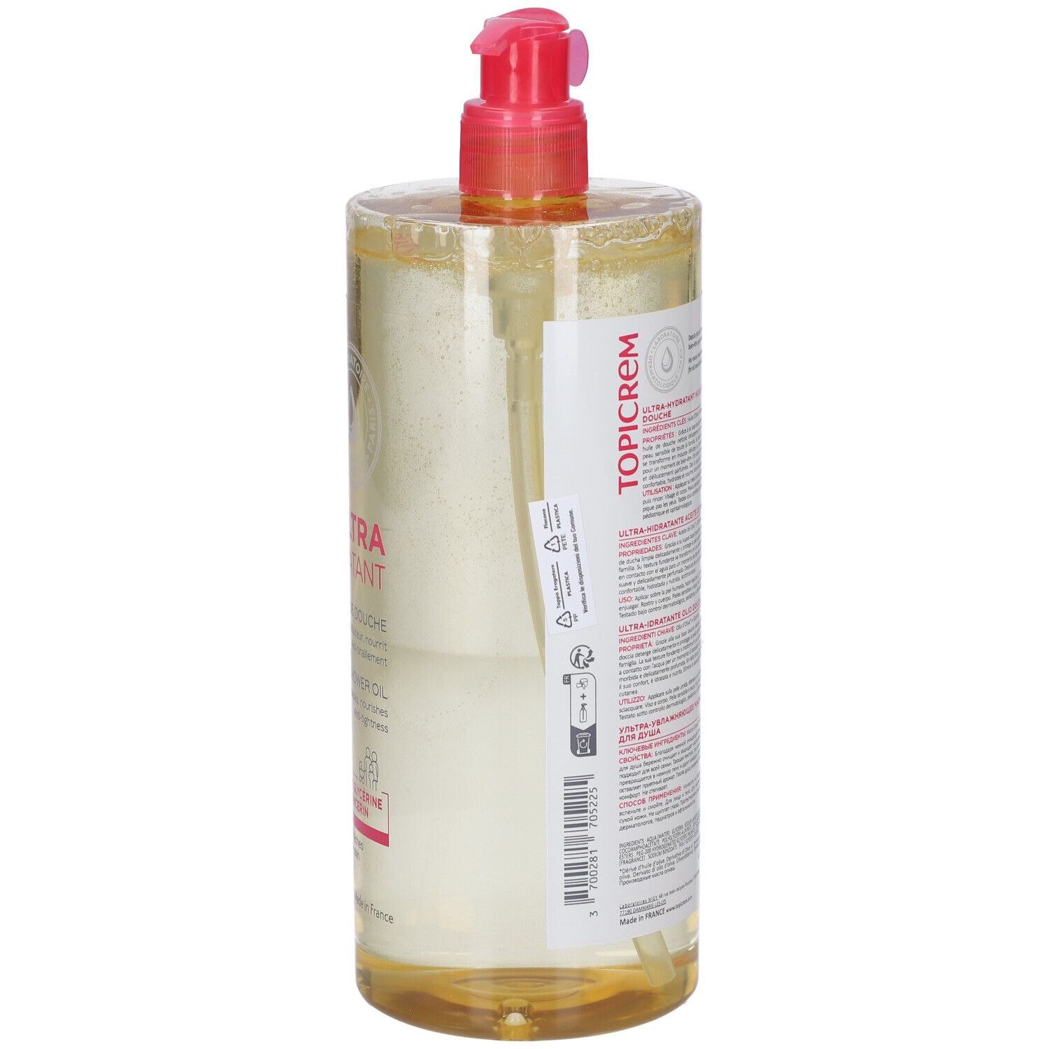 Flacone trasparente con pompa rosa. Scritta TOPICREM. Retro con testo. Contiene olio d'oliva e glicerina. Con codice a barre.