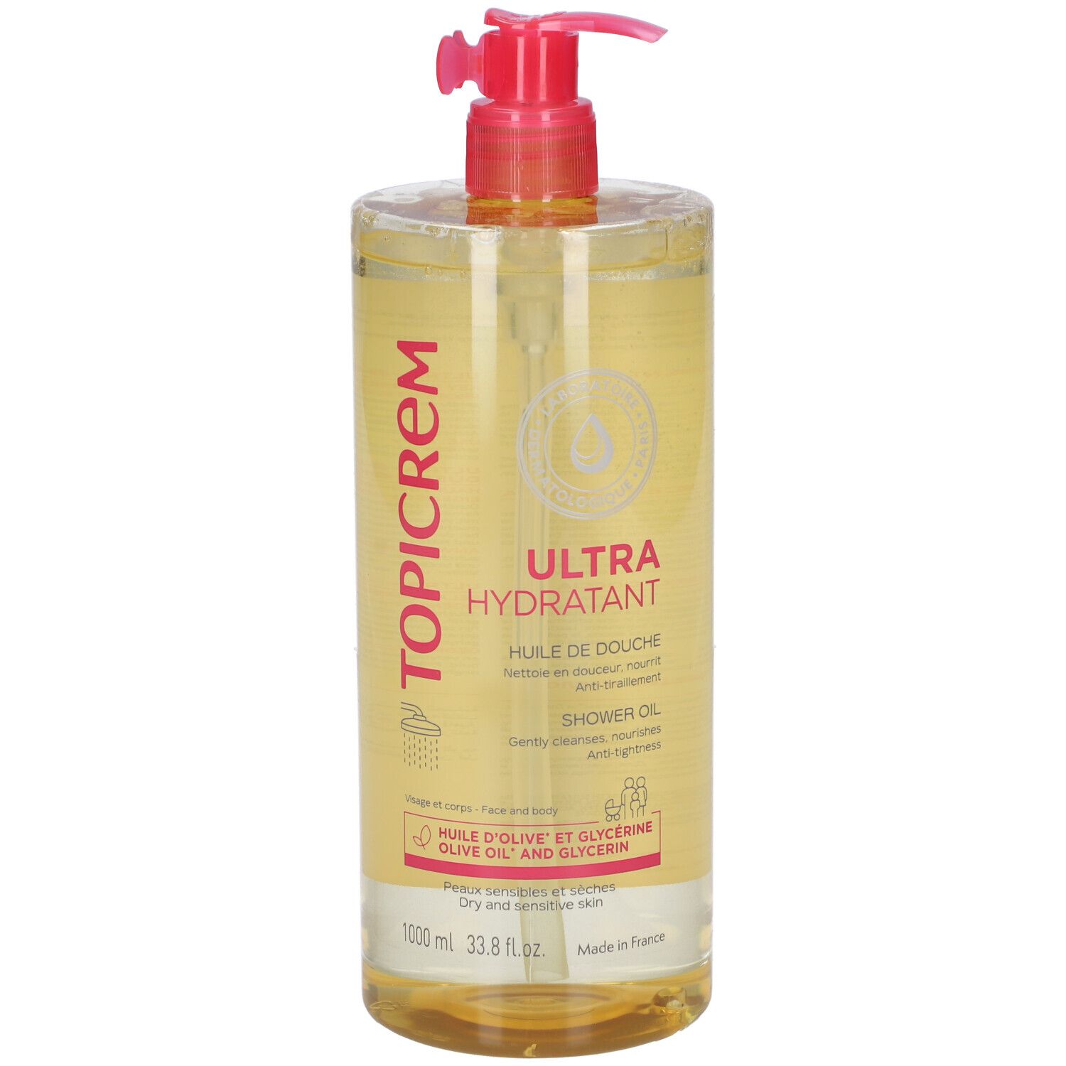 Flacone trasparente con pompa rosa. Scritta TOPICREM, ULTRA HYDRATANT, Huile de Douche. Contiene olio d'oliva e glicerina.