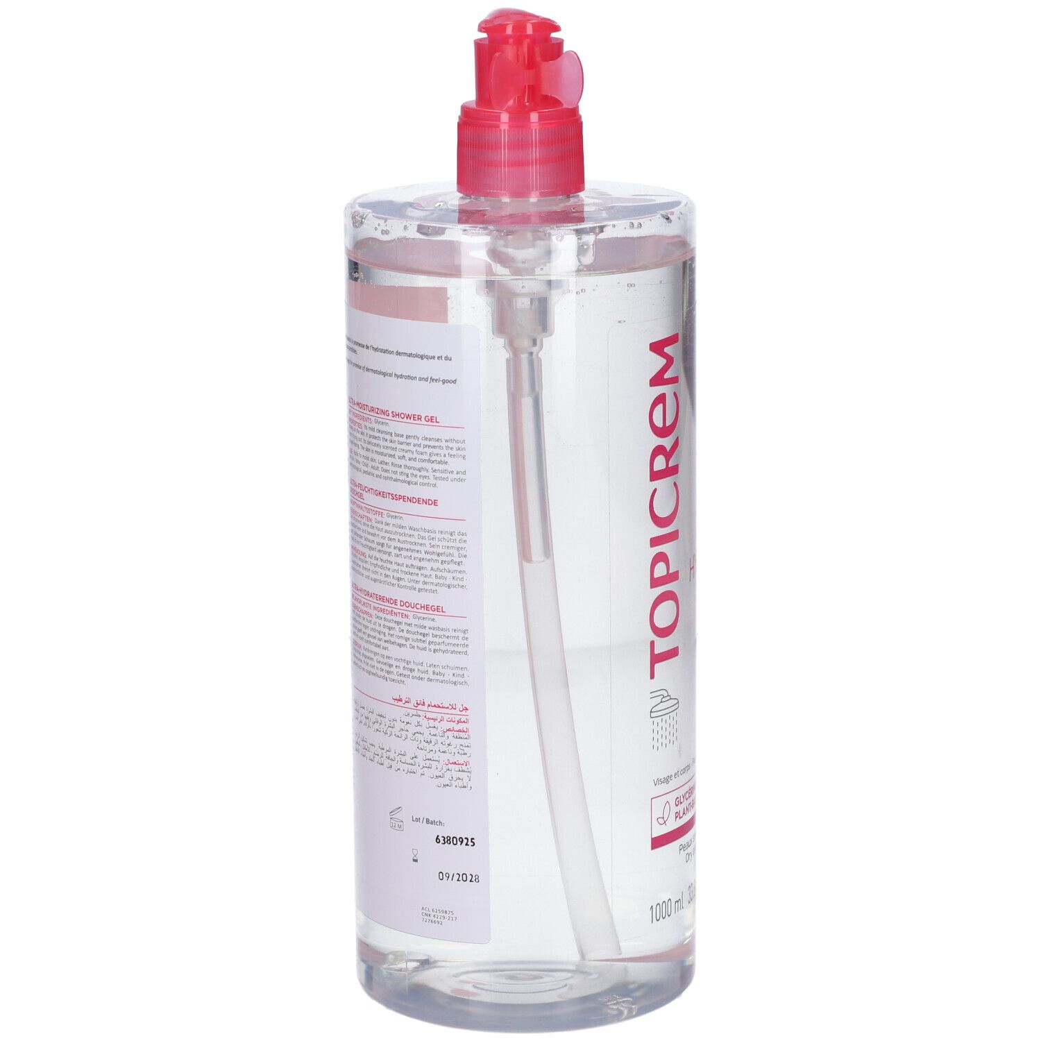 Flacone trasparente con etichetta rosa e pompa. Contiene TOPICREM Ultra Hydratant Gel Douche. Testo sul retro.