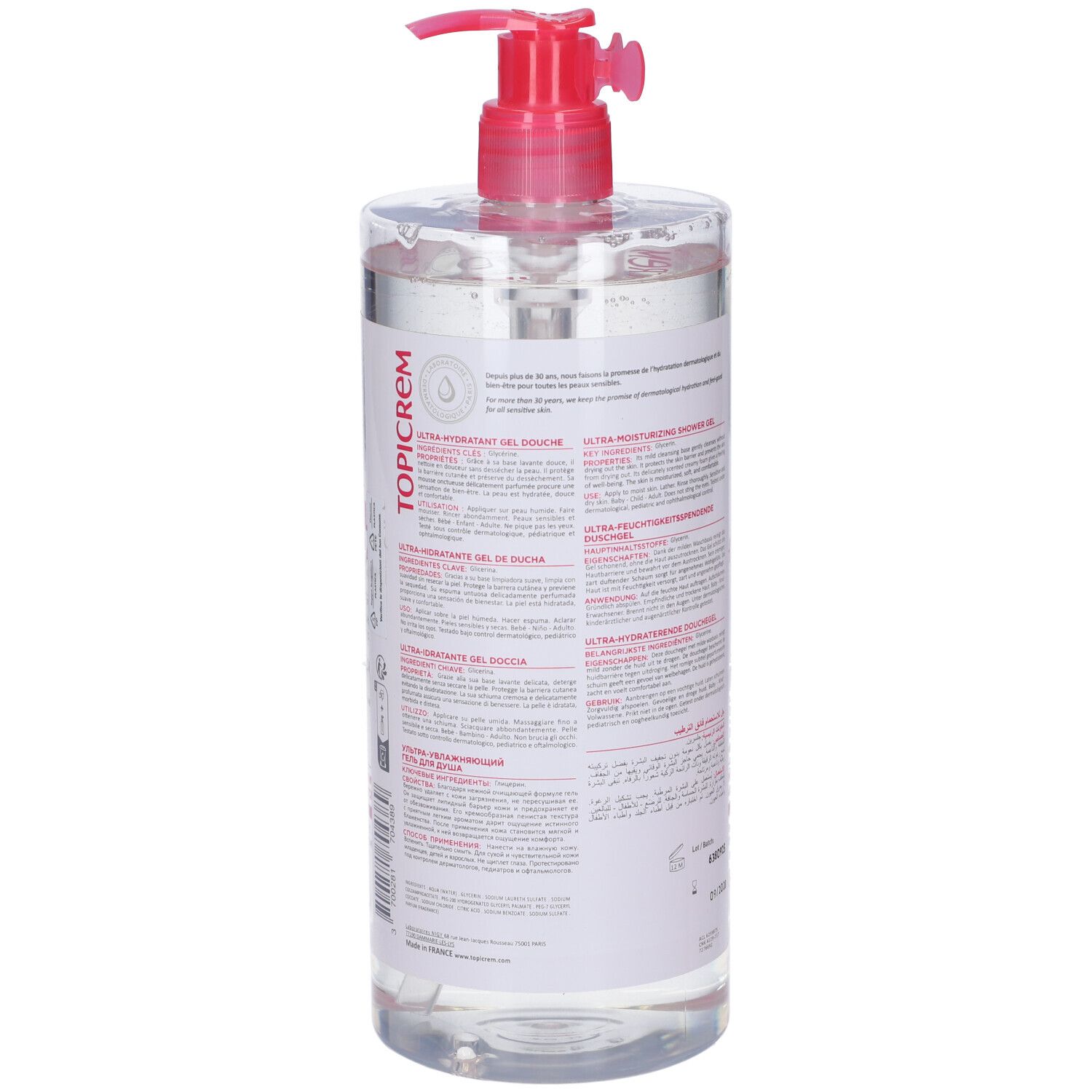 Flacone trasparente con etichetta rosa e pompa. Contiene TOPICREM Ultra Hydratant Gel Douche. Testo sul retro.