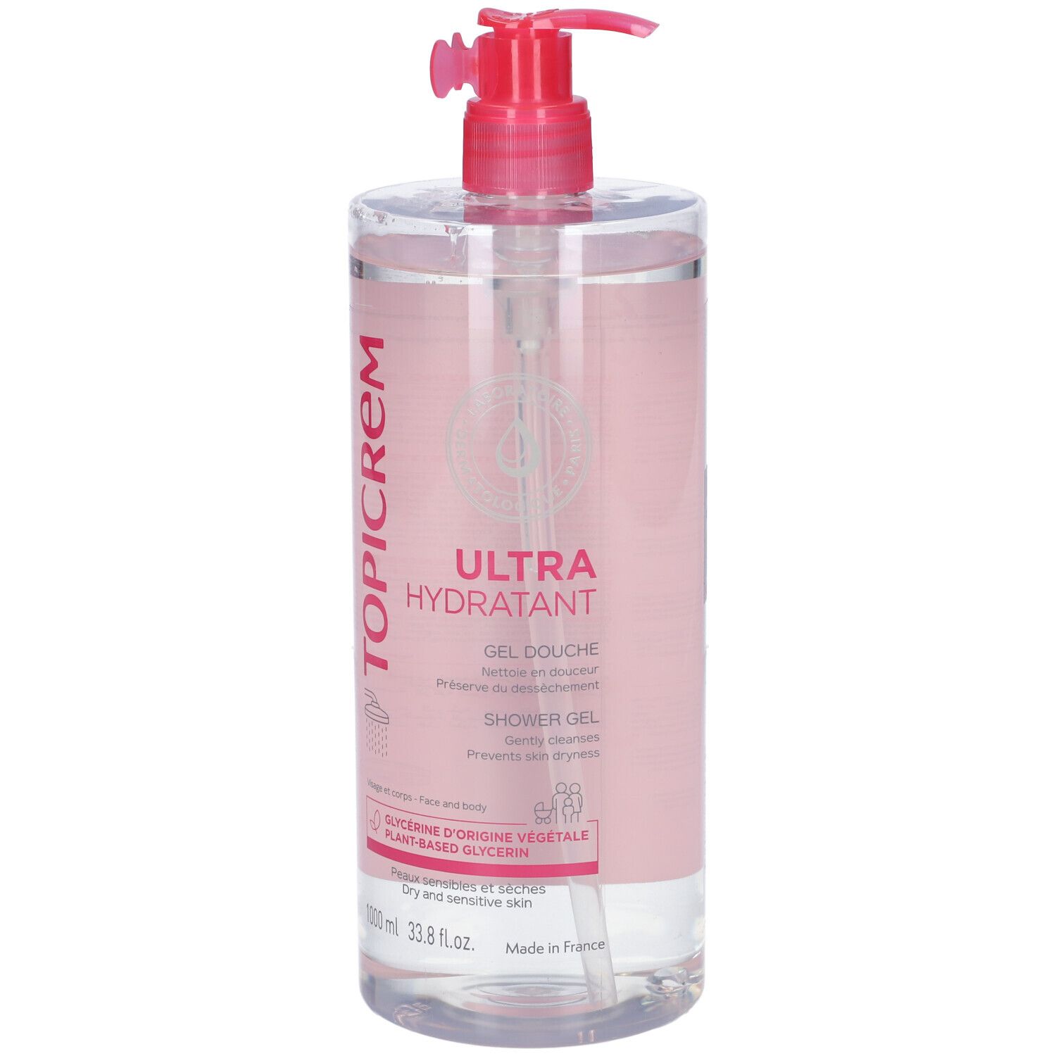 Flacone trasparente con etichetta rosa e pompa. Contiene TOPICREM Ultra Hydratant Gel Douche. 1000 ml.