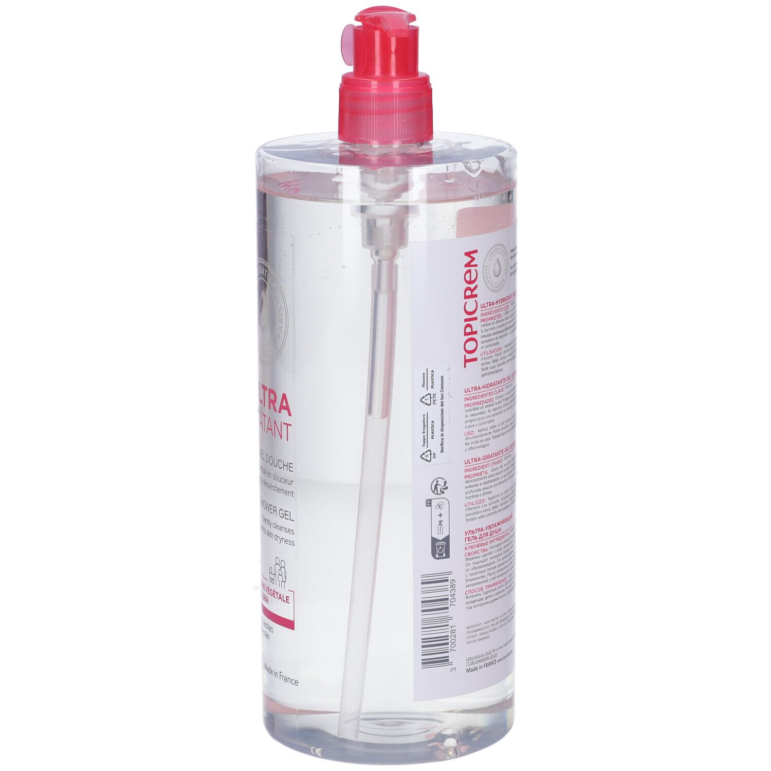 Flacone trasparente con etichetta rosa e pompa. Contiene TOPICREM Ultra Hydratant Gel Douche. Testo sul retro.
