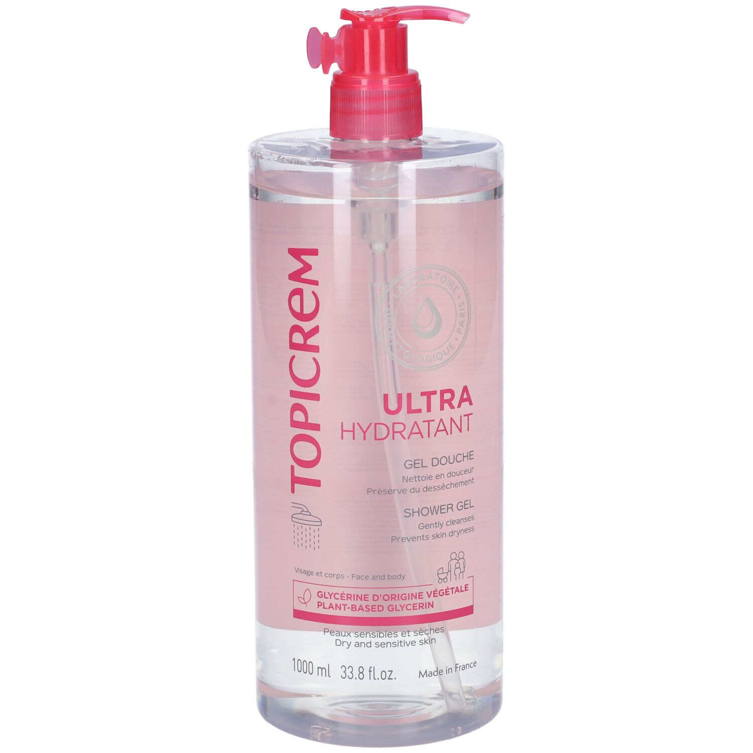Flacone trasparente con etichetta rosa e pompa. Contiene TOPICREM Ultra Hydratant Gel Douche. 1000 ml.