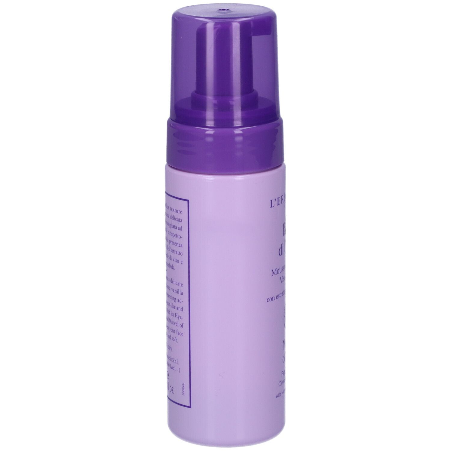 Flacone viola. Scritta: L'Erbolario, Bella di Notte, Mousse Detergente Viso & Mani. Testo in italiano.