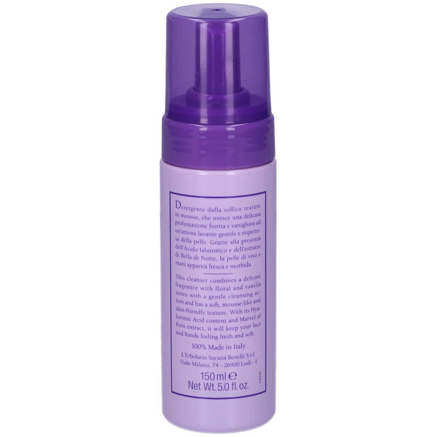 Flacone viola. Testo in italiano e inglese. Scritta: 150ml, Net Wt. 5.0 fl oz. Fatto in Italia.