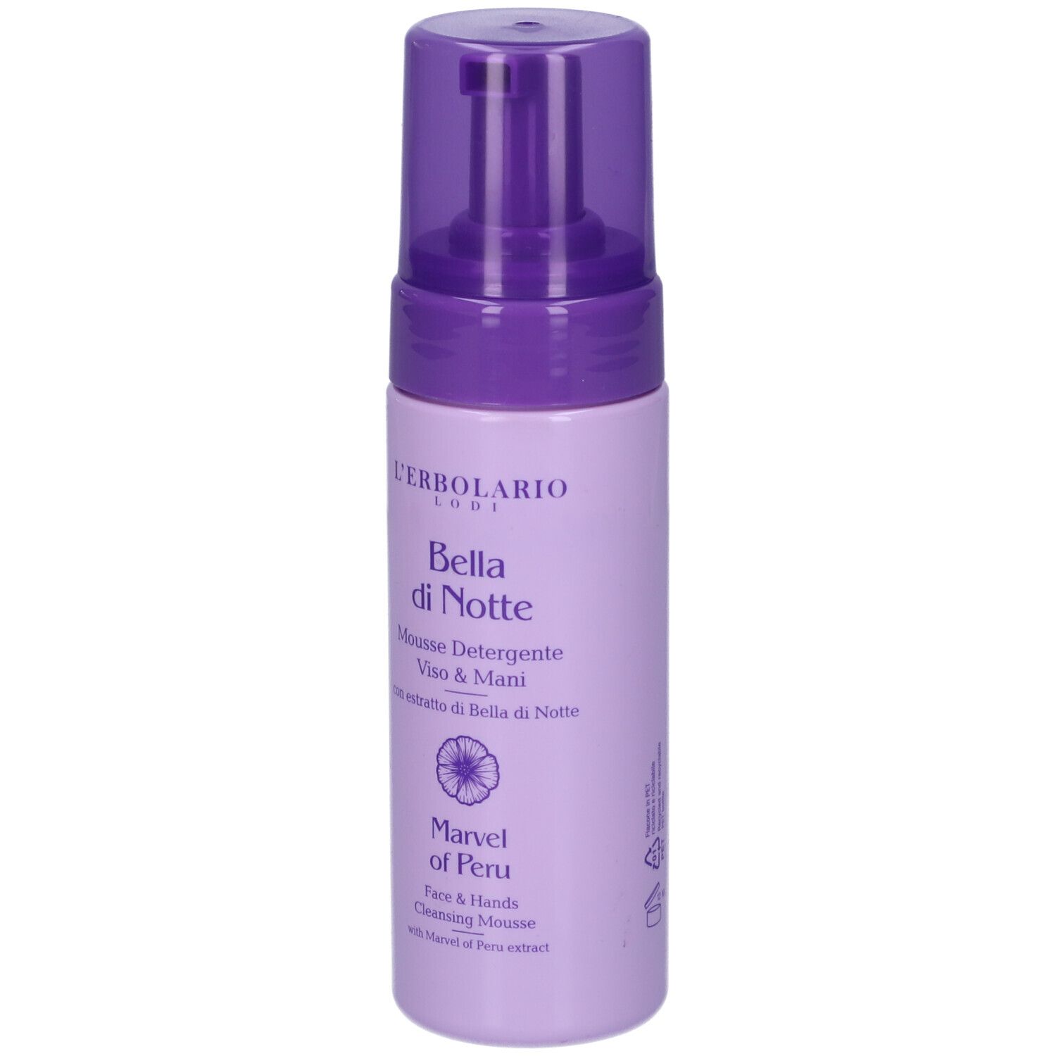 Flacone viola. Scritta: L'Erbolario, Bella di Notte, Mousse Detergente Viso & Mani. Con fiore.