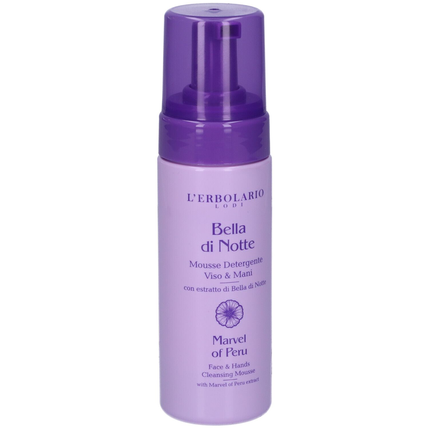 Flacone viola. Scritta: L'Erbolario, Bella di Notte, Mousse Detergente Viso & Mani. Con fiore.