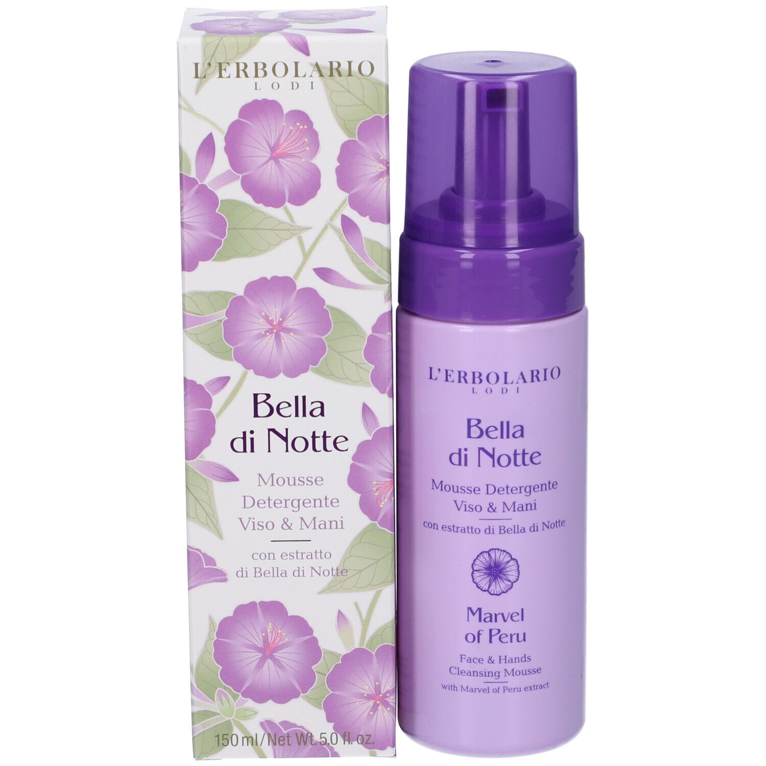 Prodotto e confezione. Scritta: L'Erbolario, Bella di Notte, Mousse Detergente Viso & Mani. Con fiore.