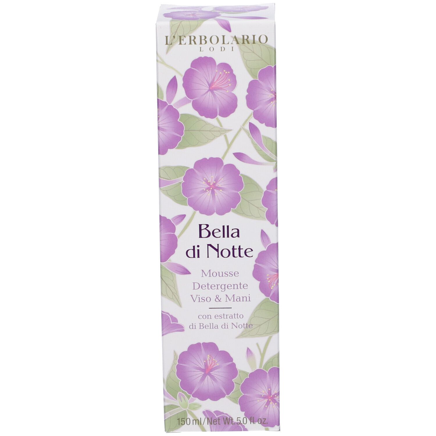Confezione. Scritta: L'Erbolario, Bella di Notte, Mousse Detergente Viso & Mani. Con fiore.