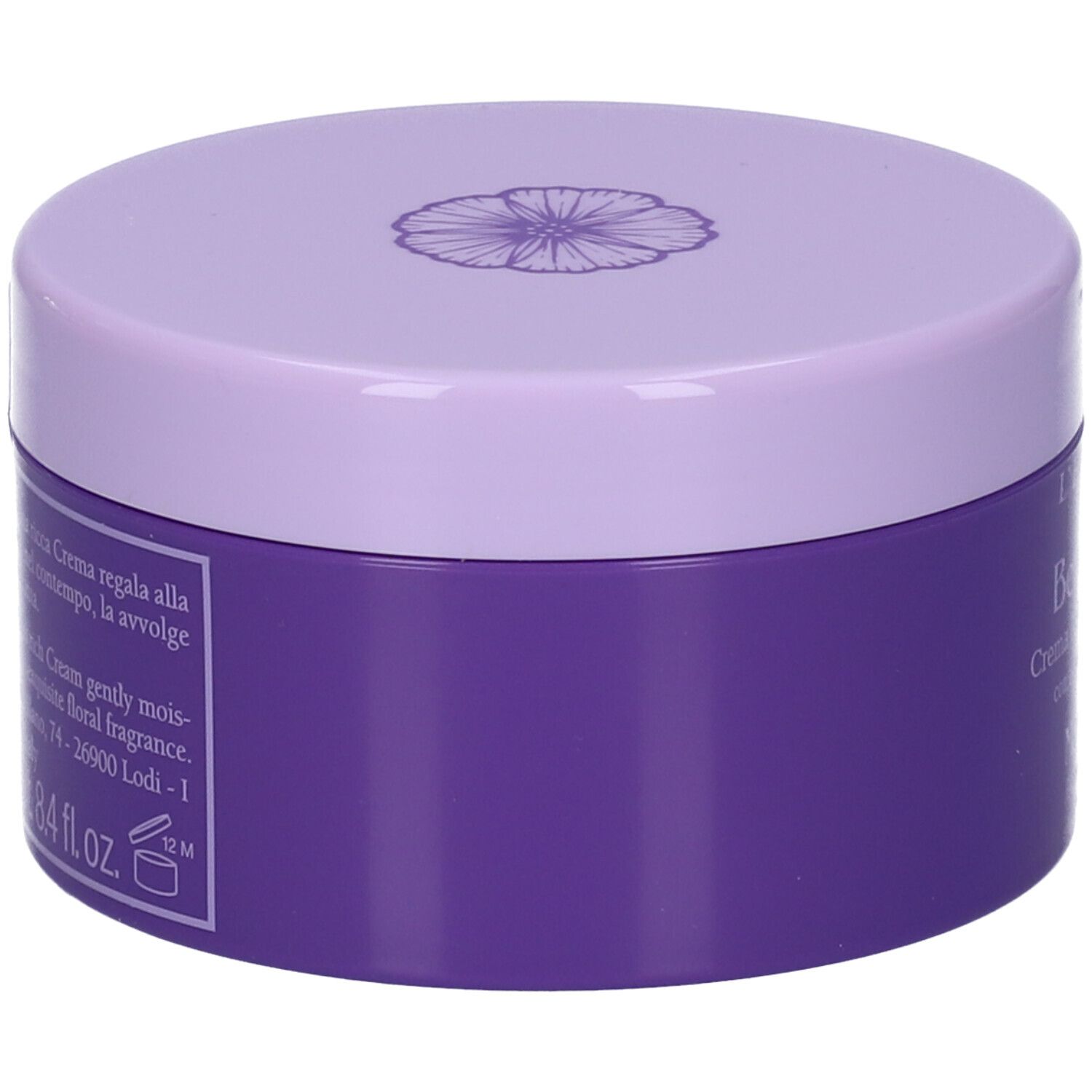 Vaso lilla con coperchio. Scritta: Bella di Notte. Testo in italiano. Motivo floreale sul coperchio.