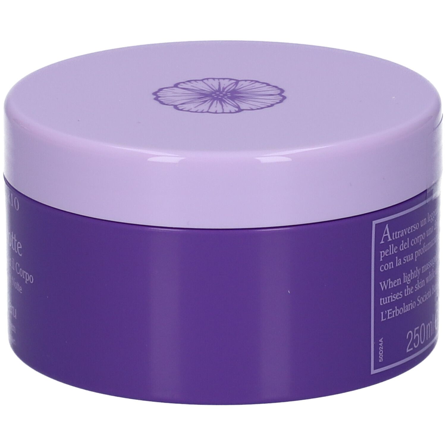 Vaso lilla con coperchio. Testo in italiano e inglese. Scritta: 250ml. Motivo floreale sul coperchio.