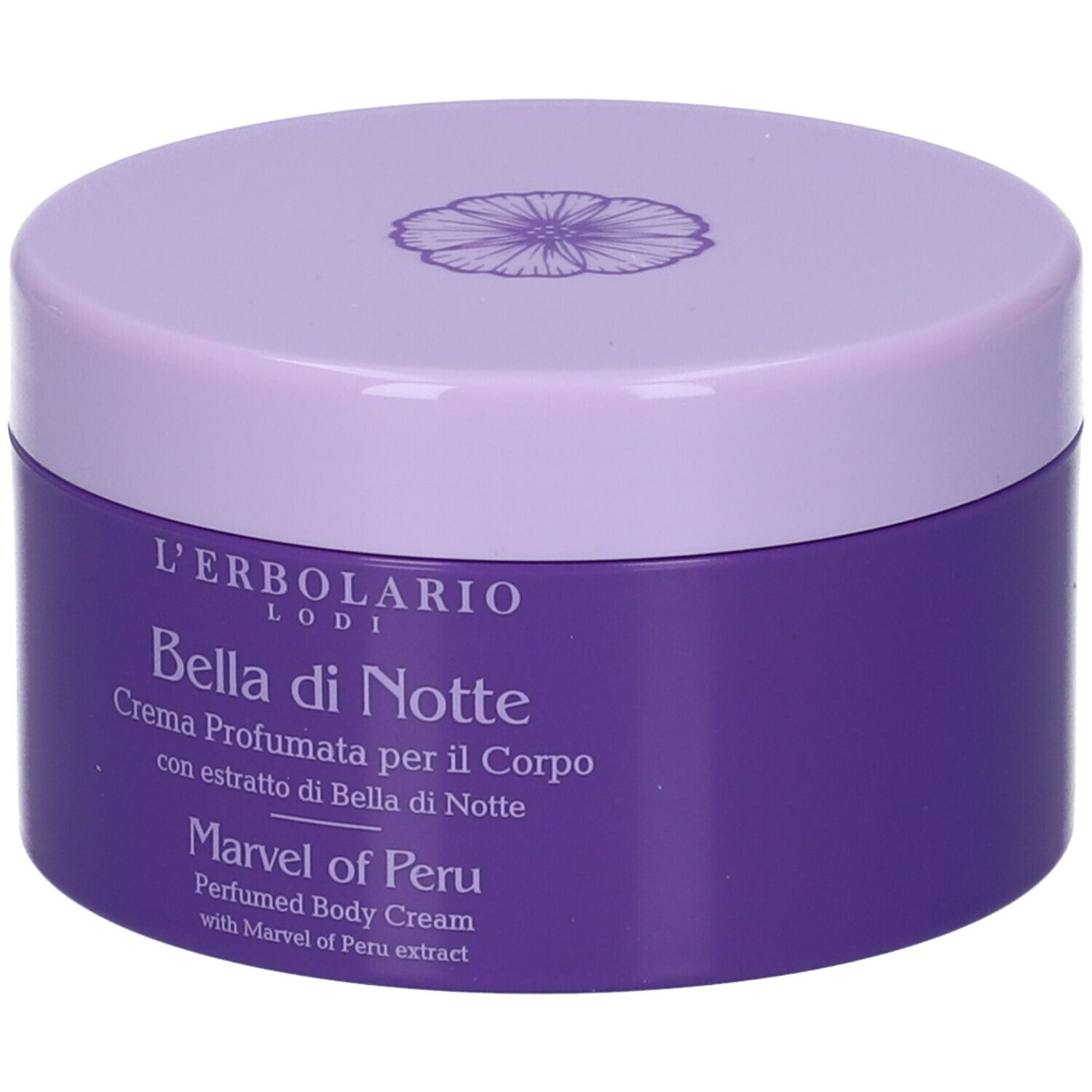 Vaso lilla con coperchio. Scritta: Bella di Notte, Marvel of Peru. Motivo floreale sul coperchio.