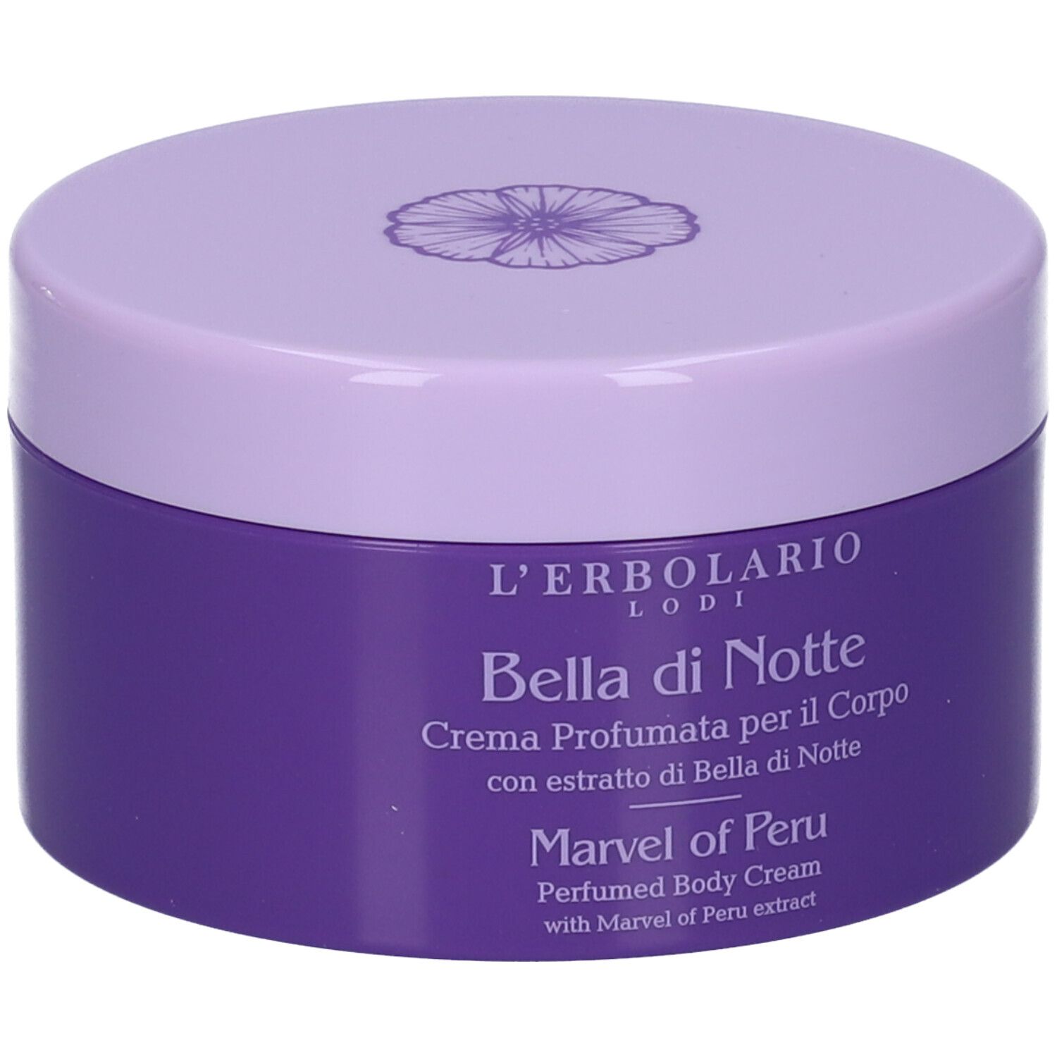 Vaso lilla con coperchio. Scritta: Bella di Notte, Marvel of Peru. Motivo floreale sul coperchio.