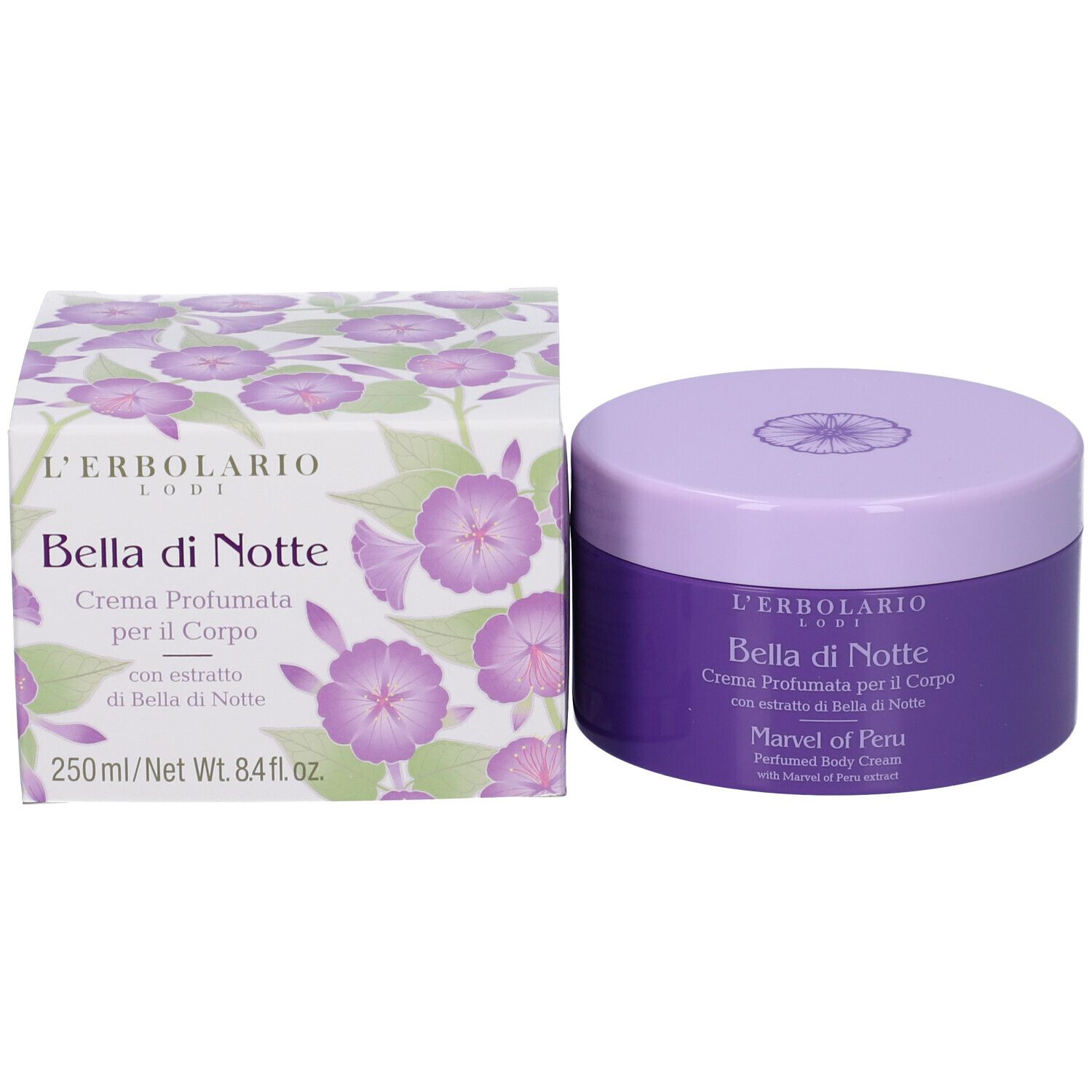 Confezione e vaso del prodotto. Scritta: Bella di Notte. Motivo floreale. 250ml/8.4 fl.oz.