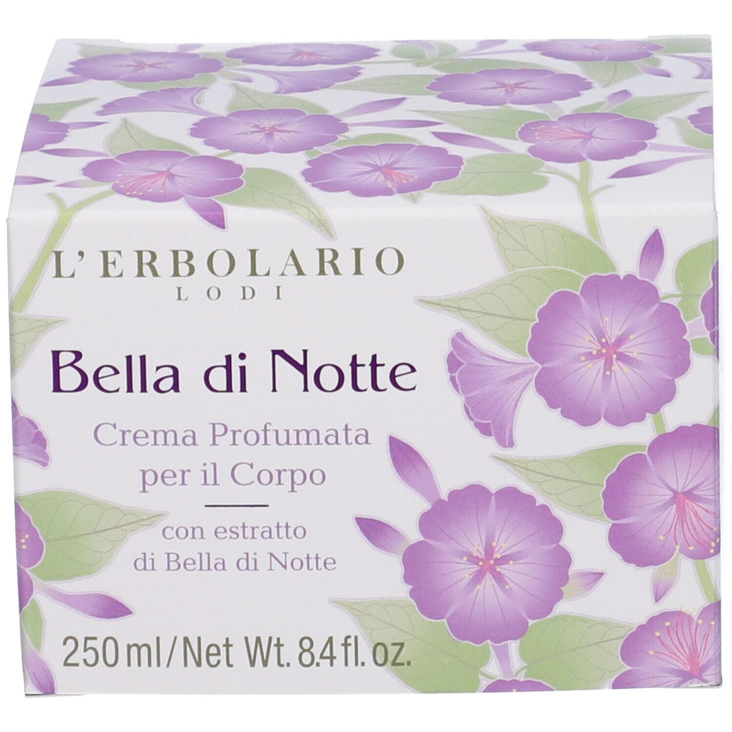 Confezione del prodotto. Scritta: Bella di Notte. Motivo floreale. 250ml/8.4 fl.oz.
