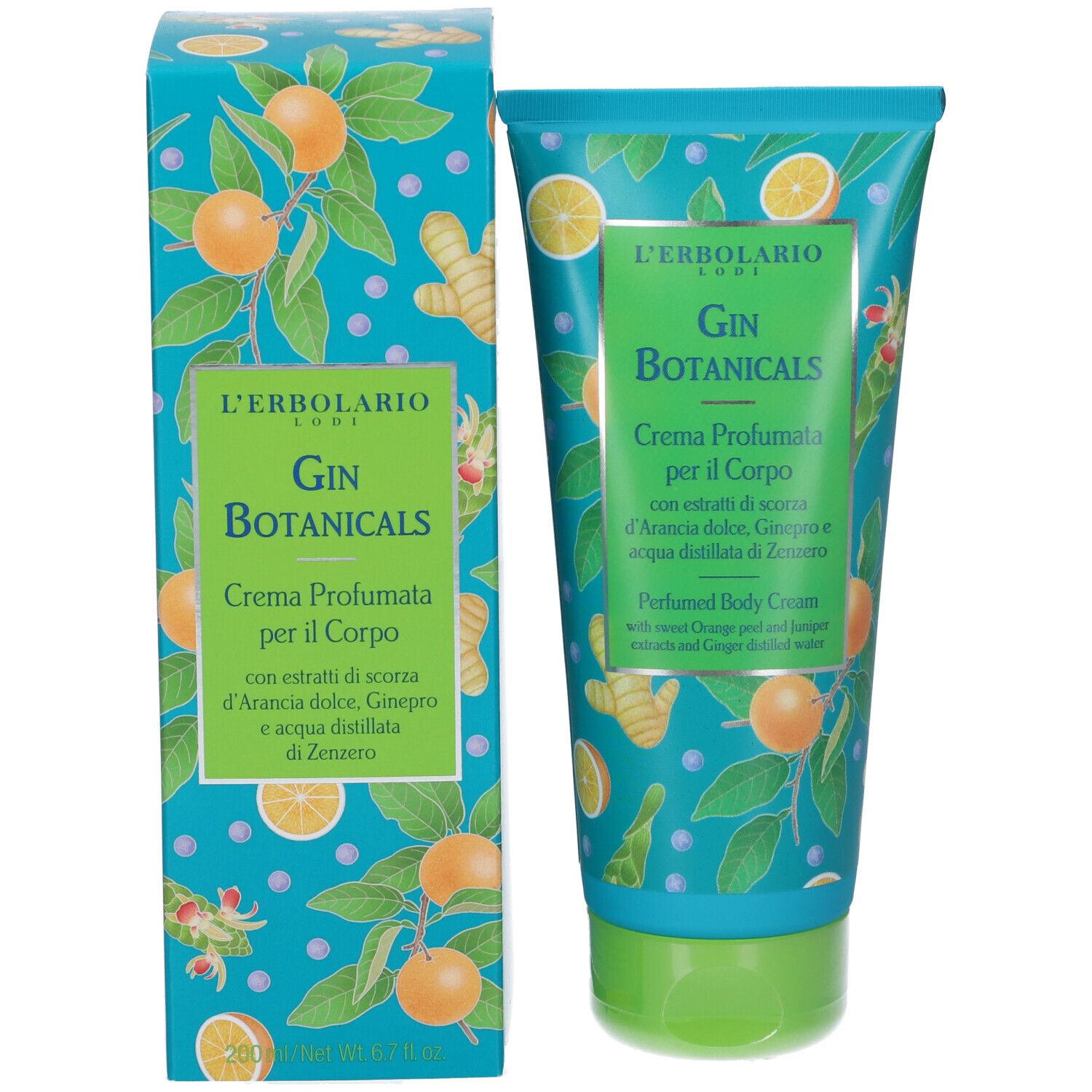 Confezione del prodotto: tubo e scatola. Scritta: Gin Botanicals, Crema Profumata per il Corpo. Illustrazioni di arance e zenzero.