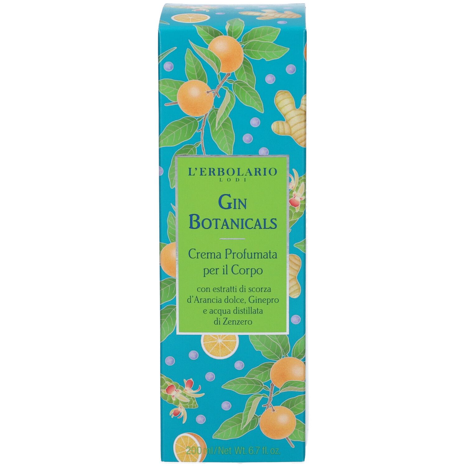 Scatola con scritta: Gin Botanicals, Crema Profumata per il Corpo. Illustrazioni di arance e zenzero. Sfondo turchese.