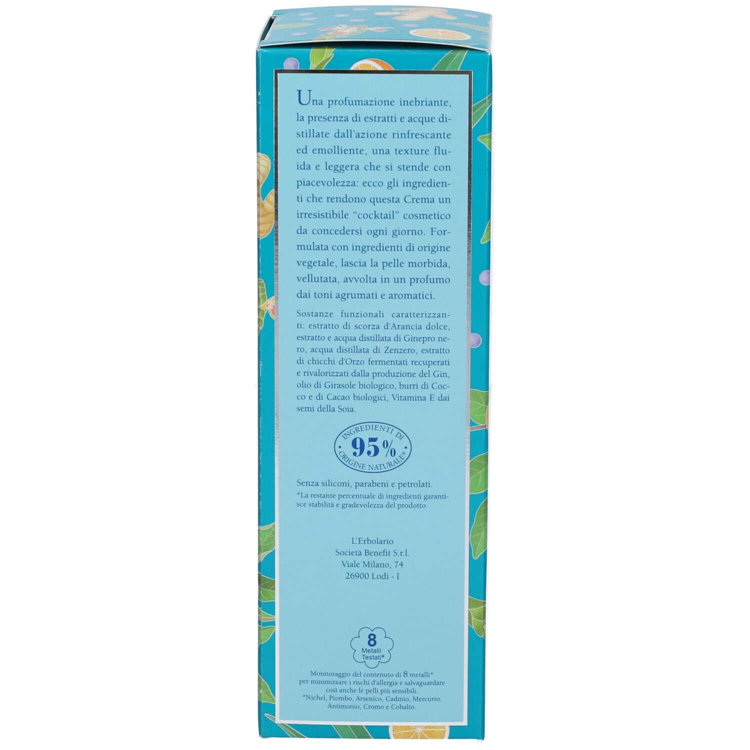 Retro della scatola. Testo in italiano. Illustrazioni di arance e zenzero. 95% ingredienti di origine naturale.