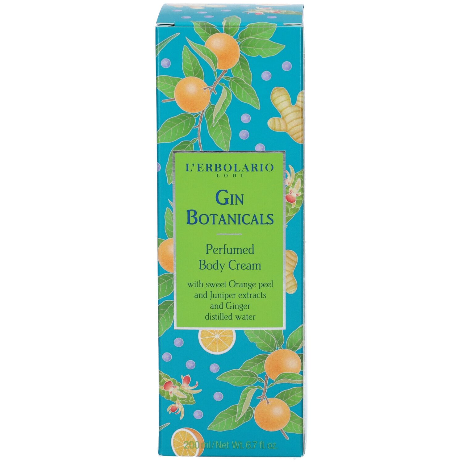 Scatola con scritta: Gin Botanicals, Perfumed Body Cream. Illustrazioni di arance e zenzero. Sfondo turchese.