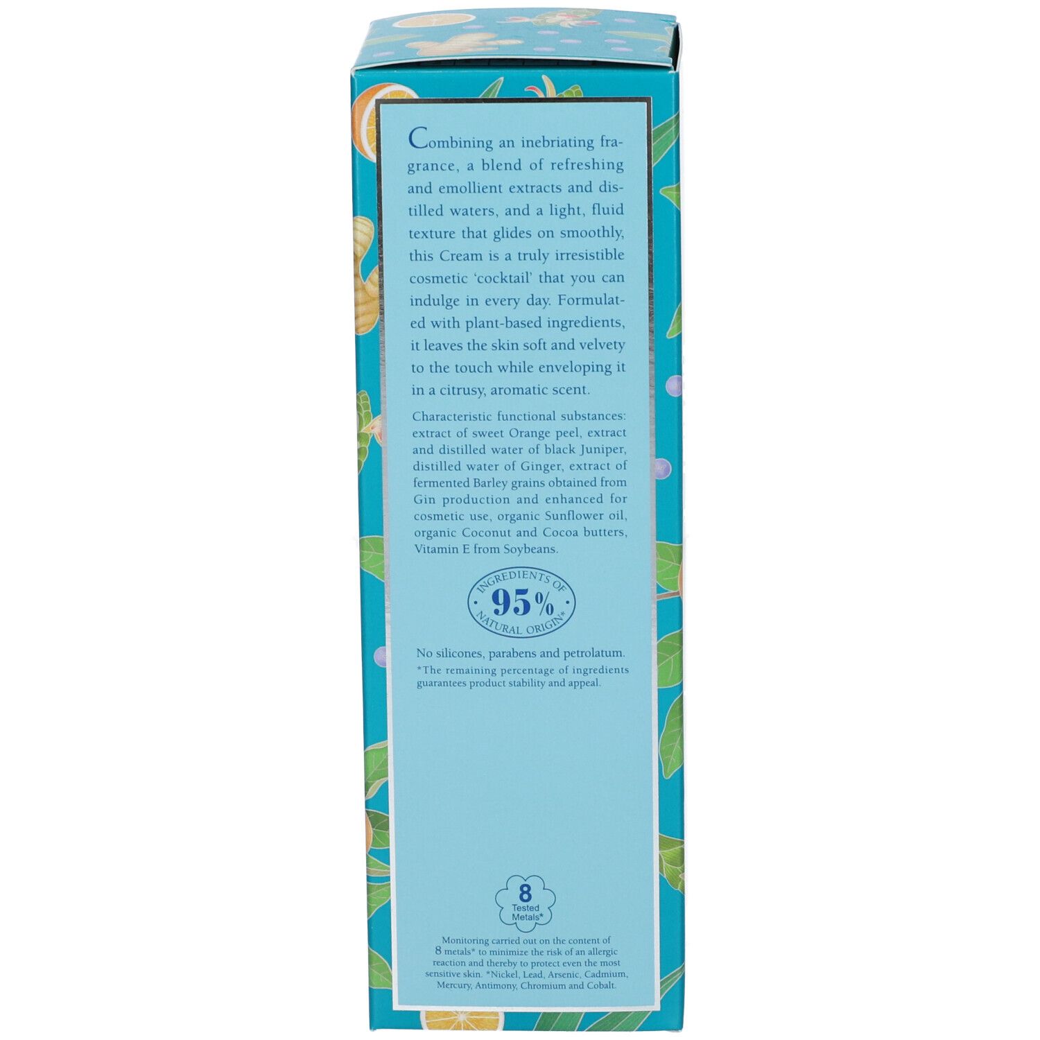 Retro della scatola. Testo in inglese. Illustrazioni di arance e zenzero. 95% ingredienti di origine naturale.