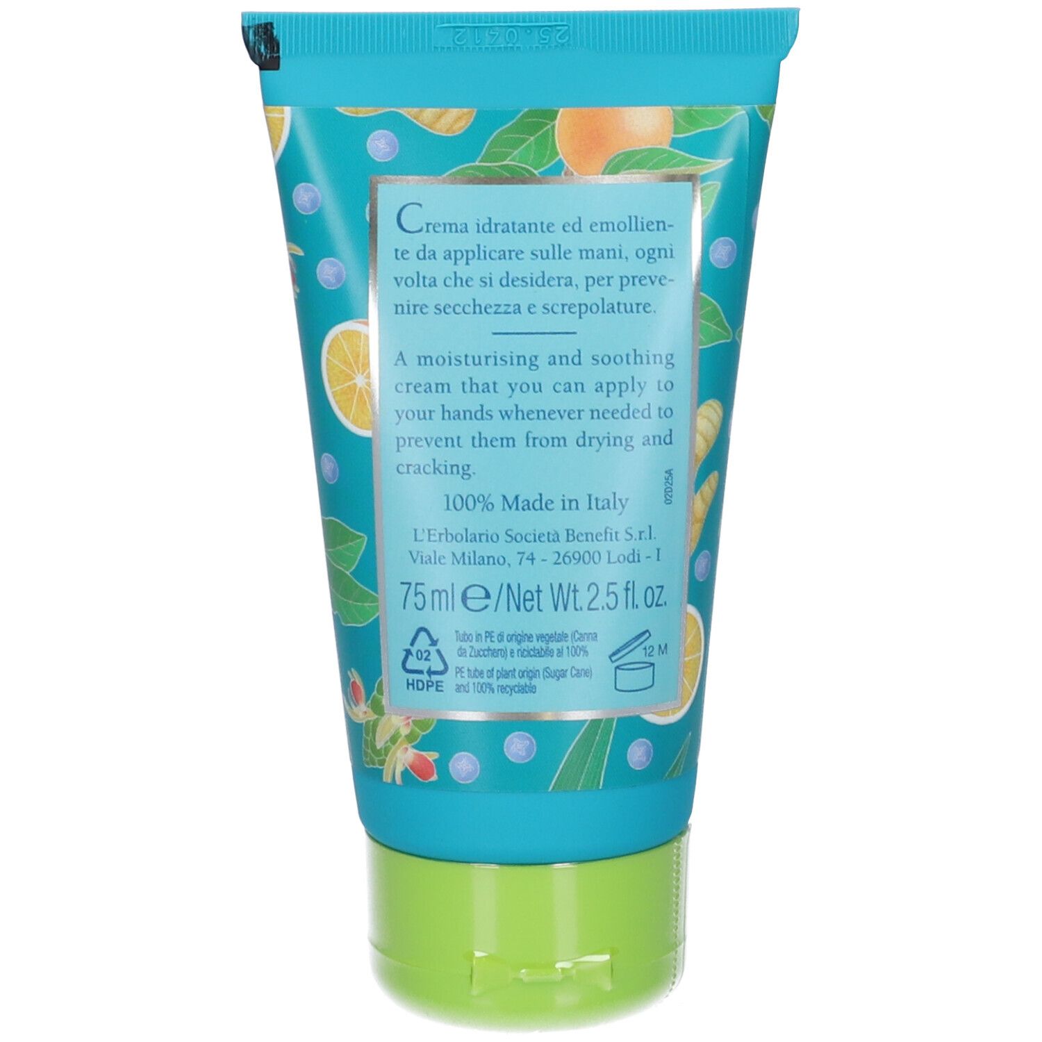 Retro del tubo di crema mani. Testo: Crema idratante. Prodotto in Italia. 75 ml.