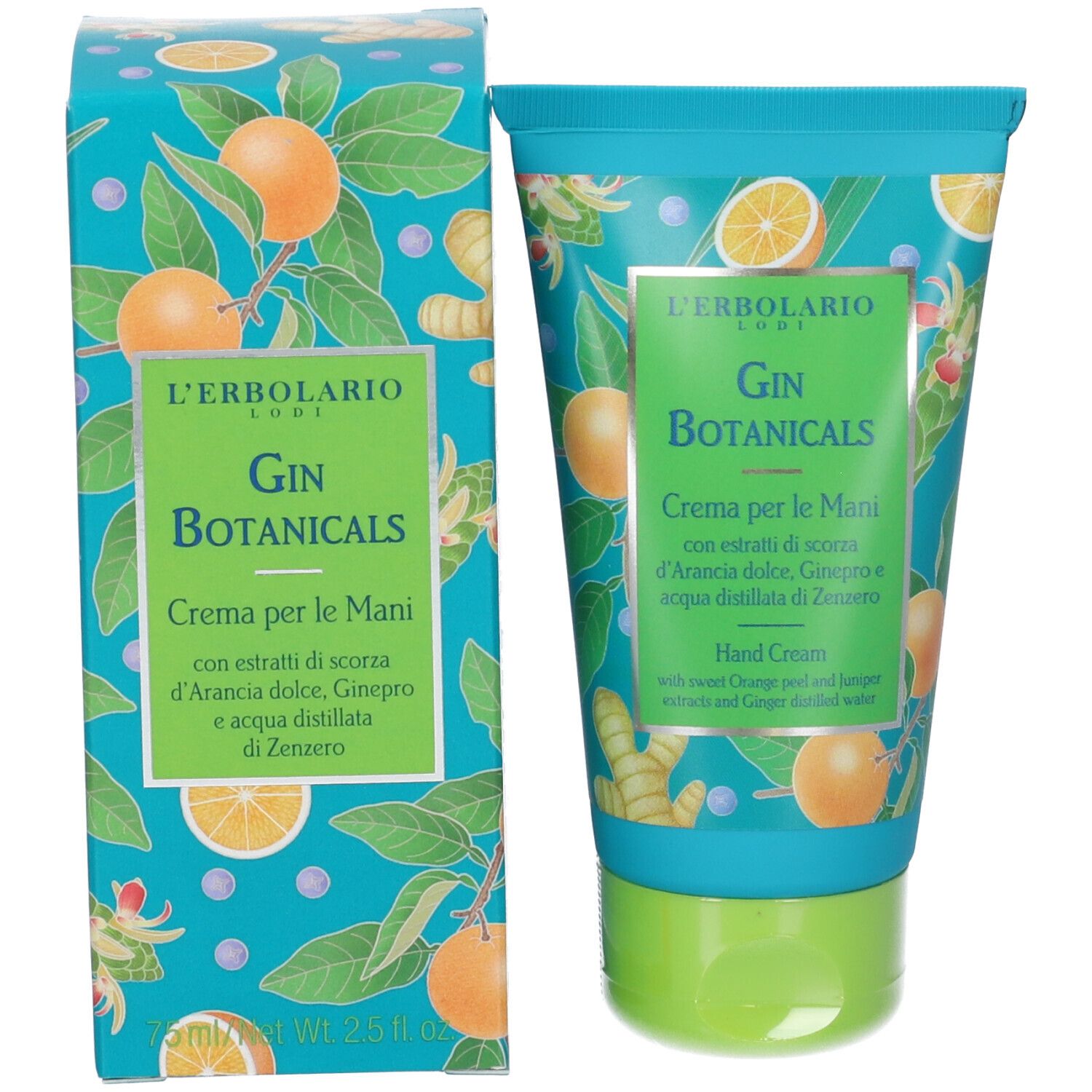 Tubo e scatola di crema mani. Scritta: Gin Botanicals, Crema per le Mani. Motivi arance e zenzero.