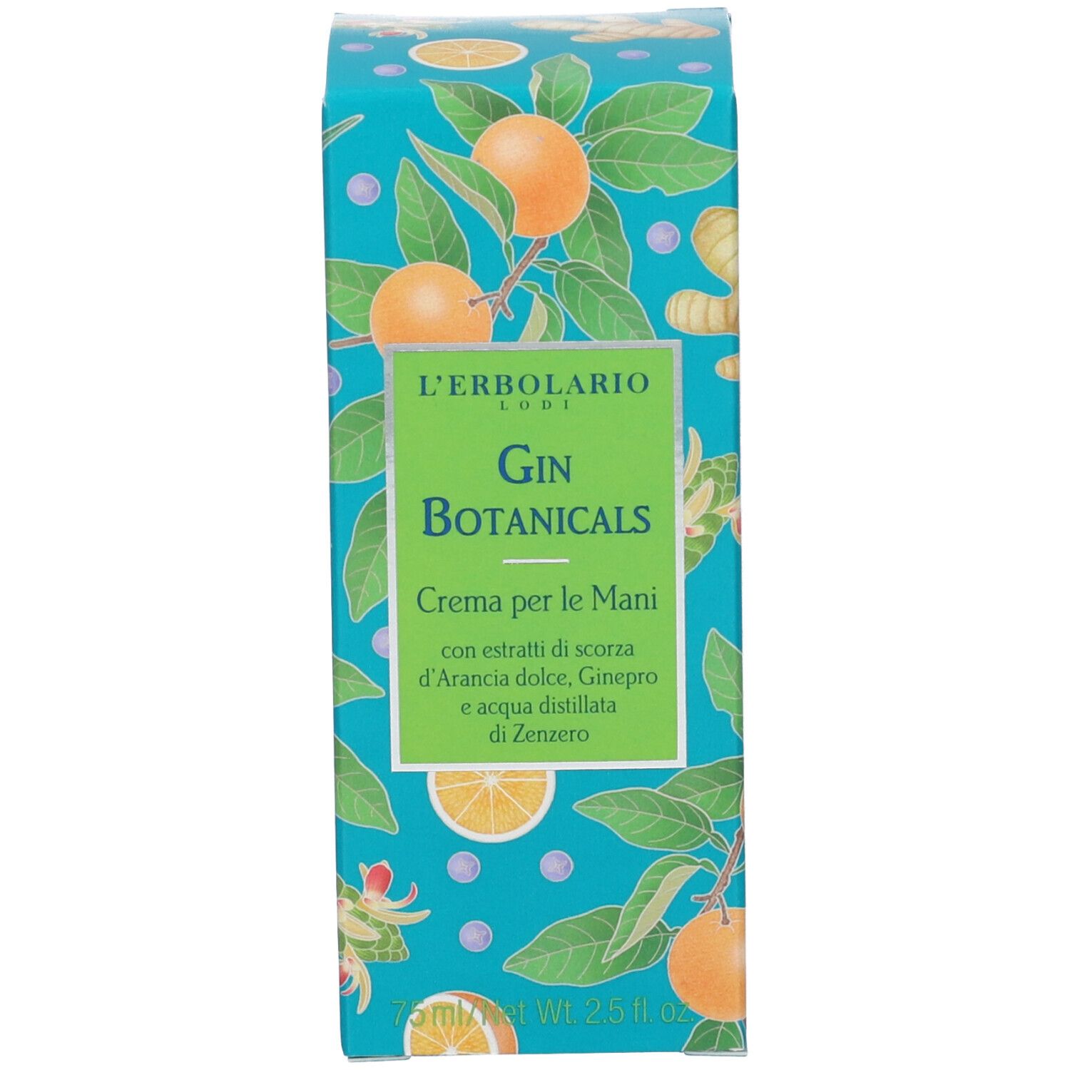Scatola di crema mani. Scritta: Gin Botanicals, Crema per le Mani. Motivi arance e zenzero.