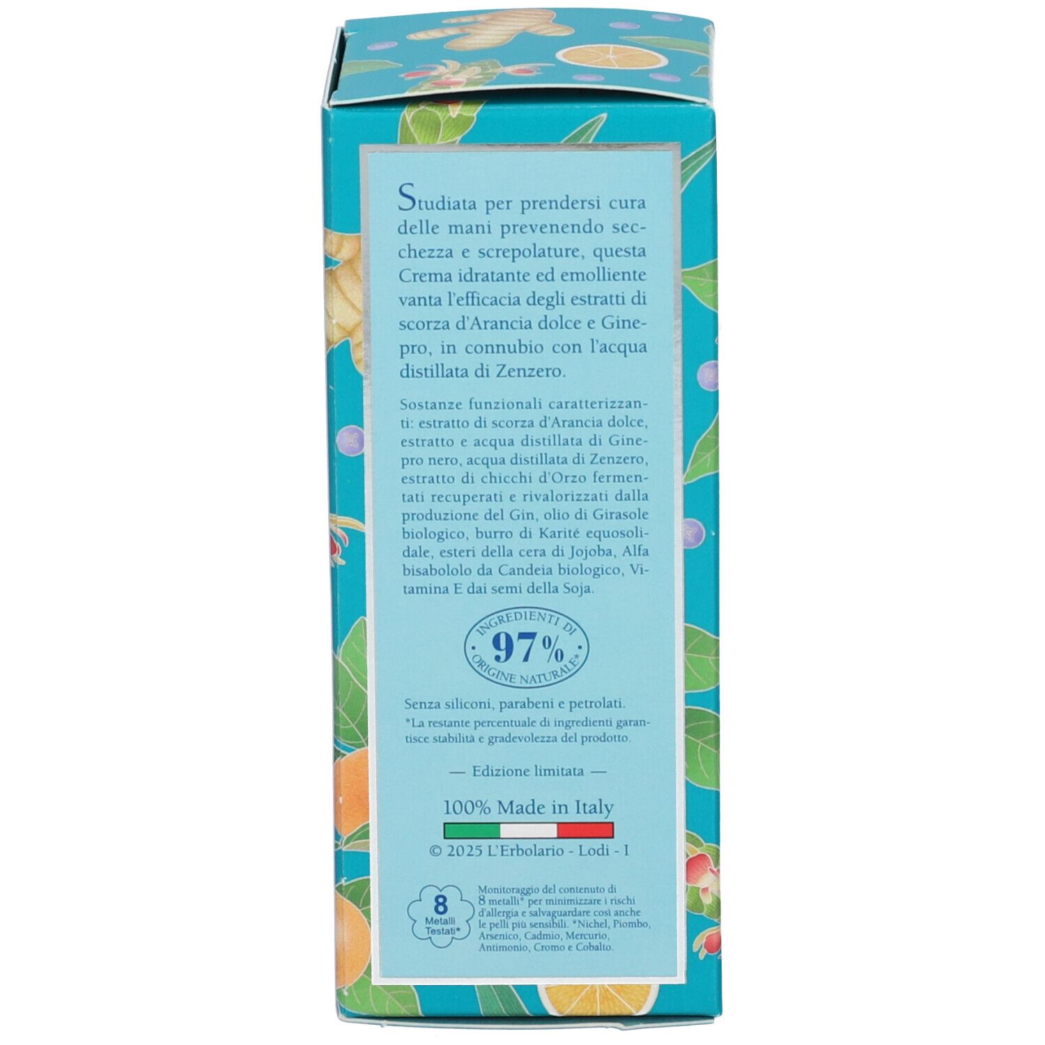 Retro della scatola di crema mani. Testo: Ingredienti, 97% naturale. Prodotto in Italia.