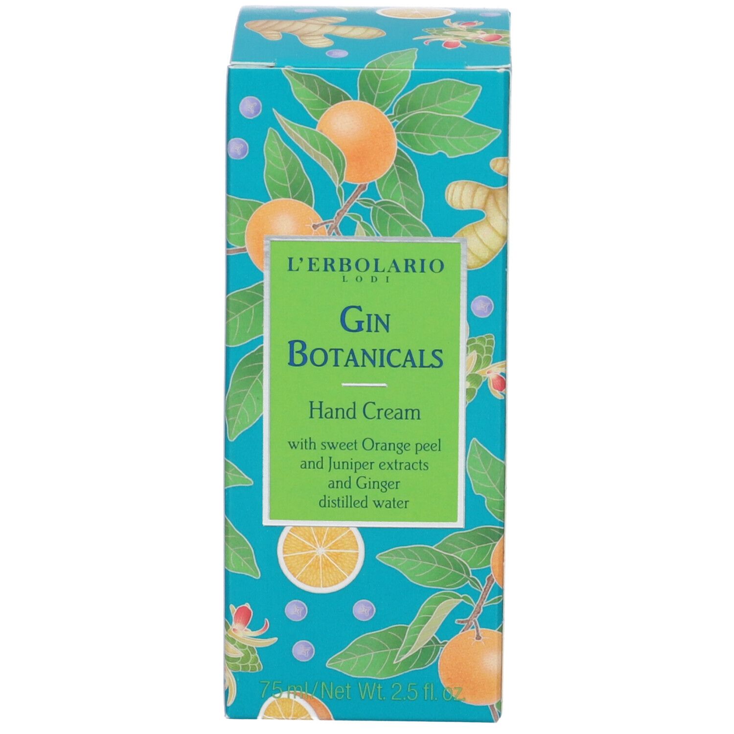 Fronte della scatola di crema mani. Scritta: Gin Botanicals, Hand Cream. Motivi arance e zenzero.