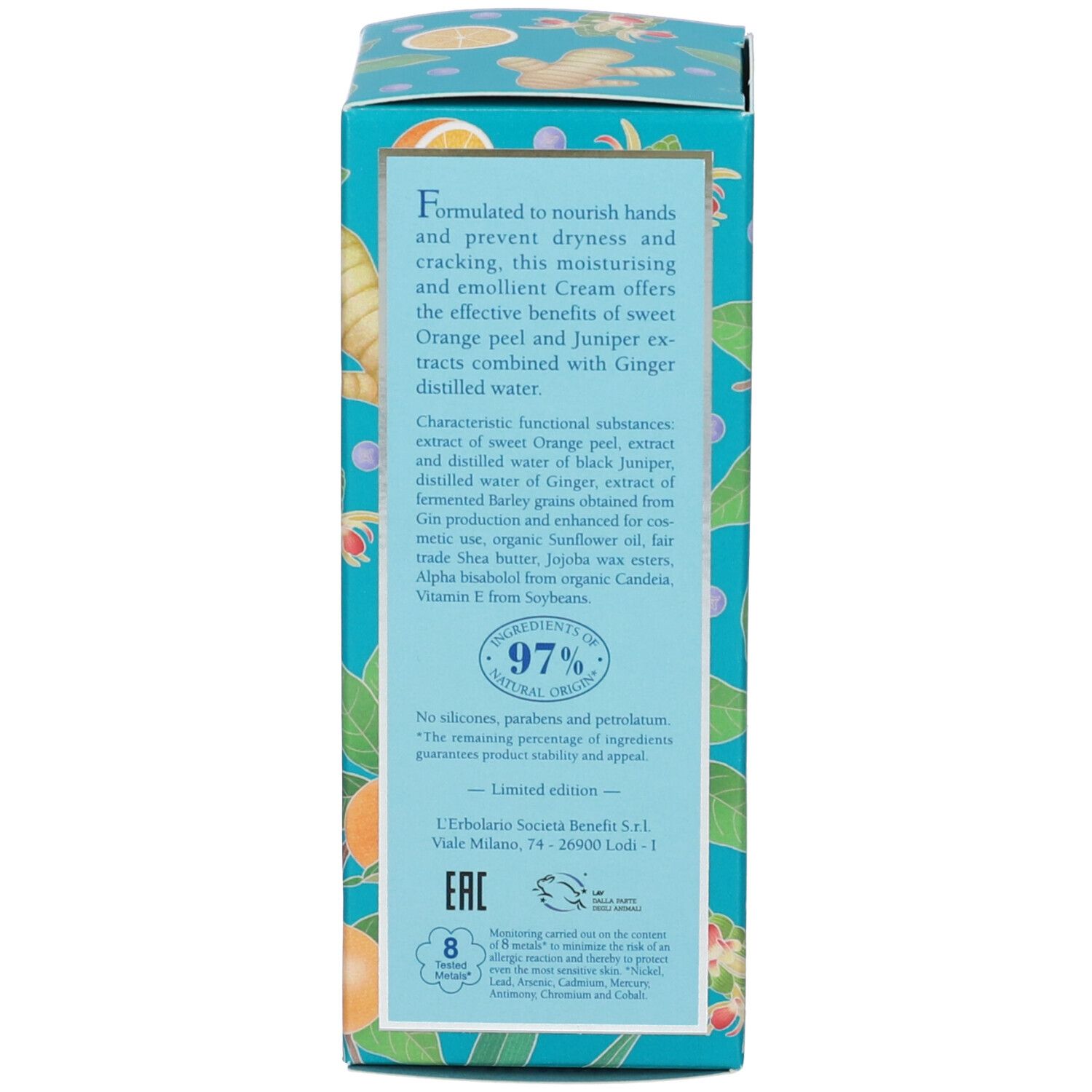 Retro della scatola di crema mani. Testo: Ingredienti, 97% naturale. Prodotto in Italia.
