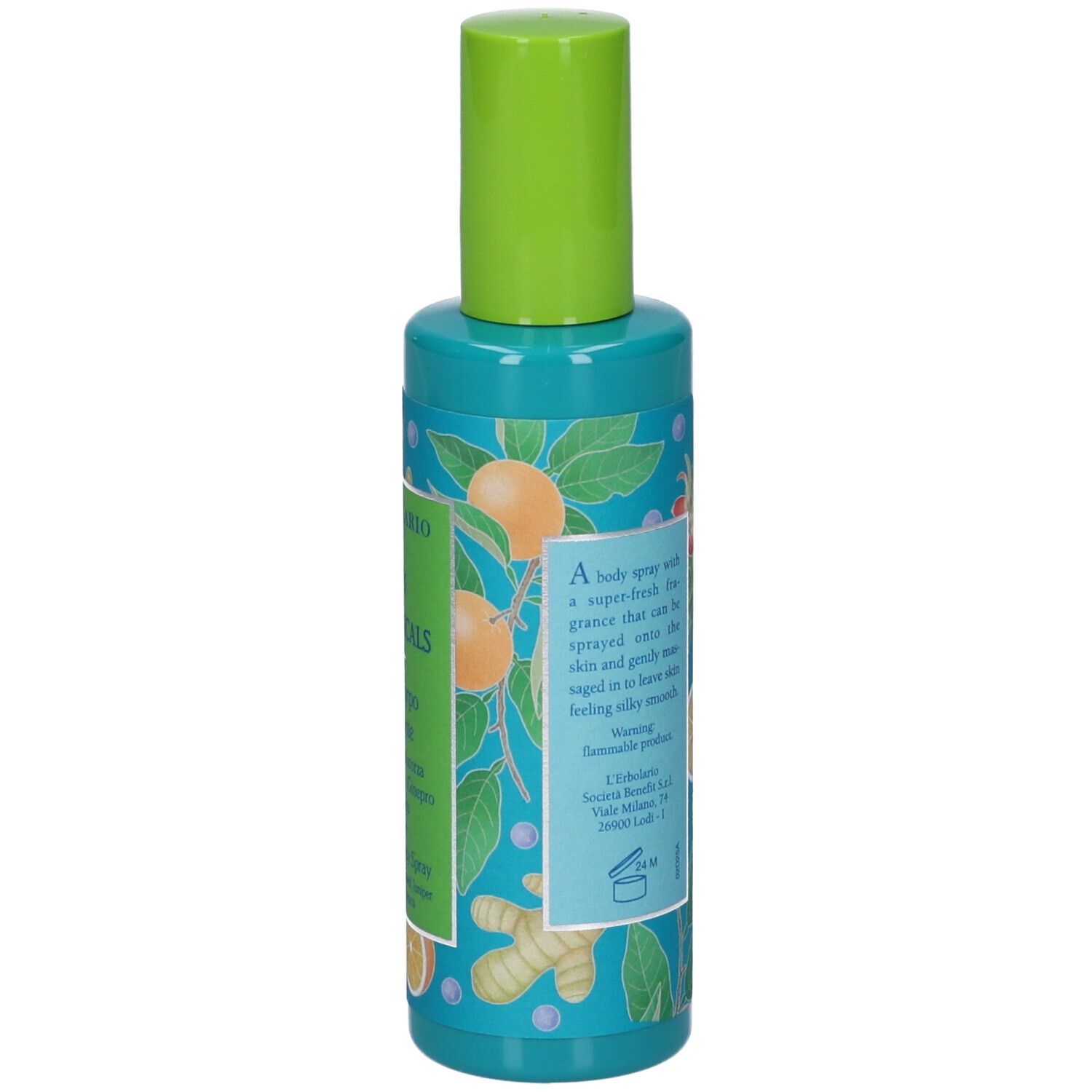 Flacone spray turchese con tappo verde. Testo e scritta. Illustrazioni di arance, foglie e zenzero.