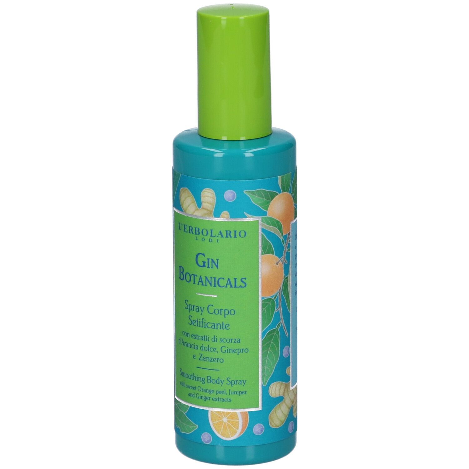 Flacone spray turchese con tappo verde. Scritta: Gin Botanicals, Spray Corpo Setificante. Illustrazioni di arance e zenzero.