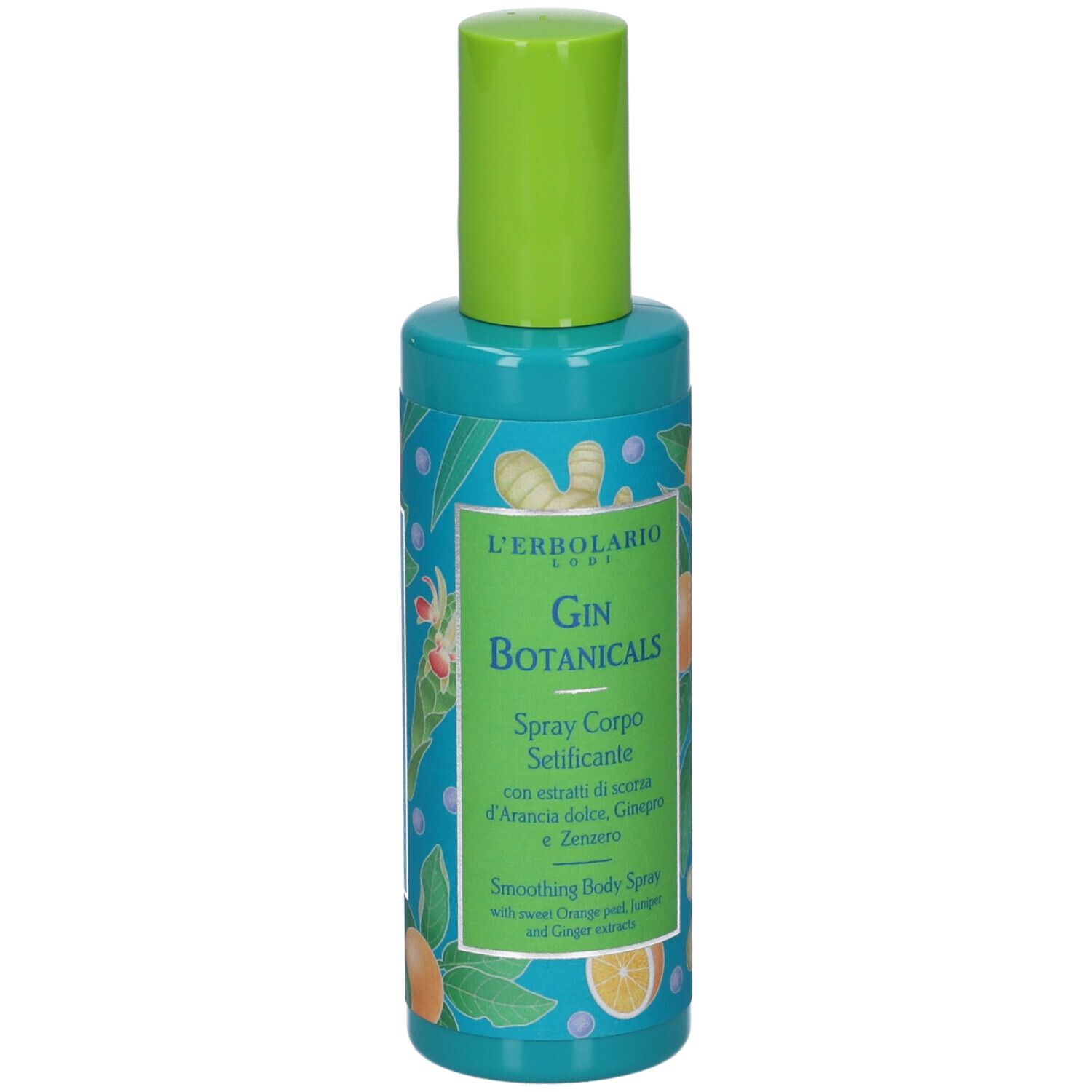 Flacone spray turchese con tappo verde. Scritta: Gin Botanicals, Spray Corpo Setificante. Illustrazioni di arance e zenzero.