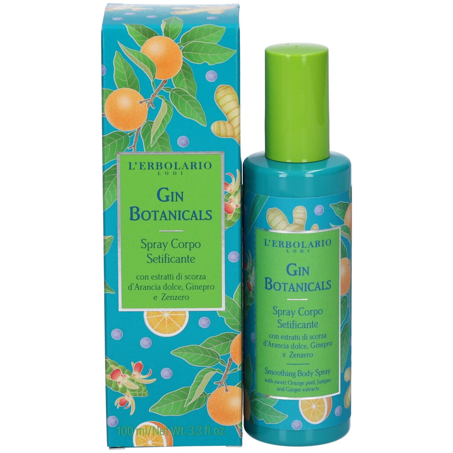 Prodotto e confezione. Flacone turchese e scatola con tappo verde. Scritta: Gin Botanicals, Spray Corpo Setificante.