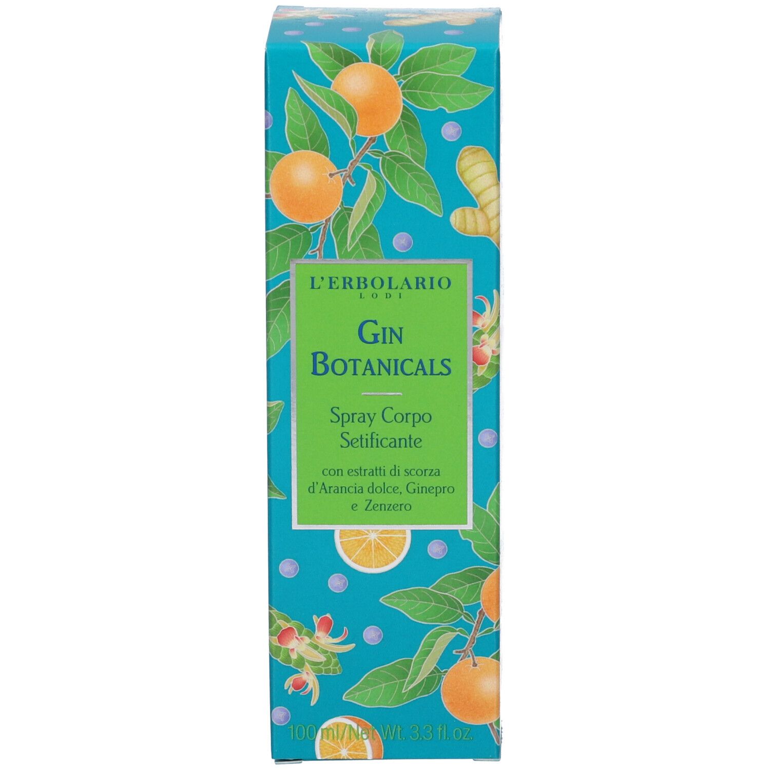 Scatola turchese con tappo verde. Scritta: Gin Botanicals, Spray Corpo Setificante. Illustrazioni di arance e zenzero.