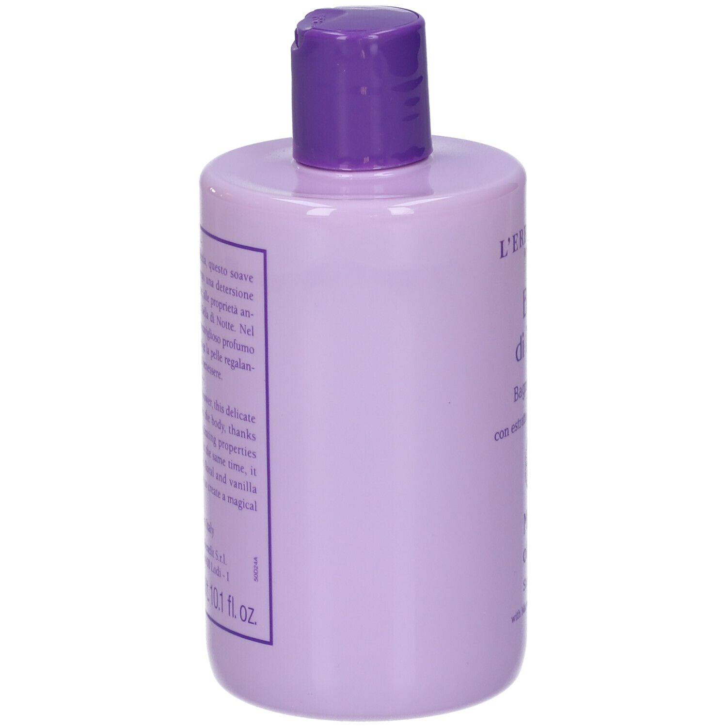 Flacone lilla, vista laterale. Testo: Bella di Notte, Marvel of Peru. Con testo in italiano.