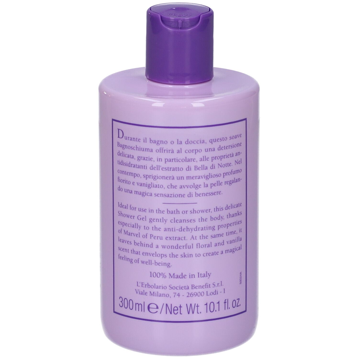 Flacone lilla con testo. Testo: Bella di Notte, Marvel of Peru. 300ml/10.1 fl oz. Made in Italy.