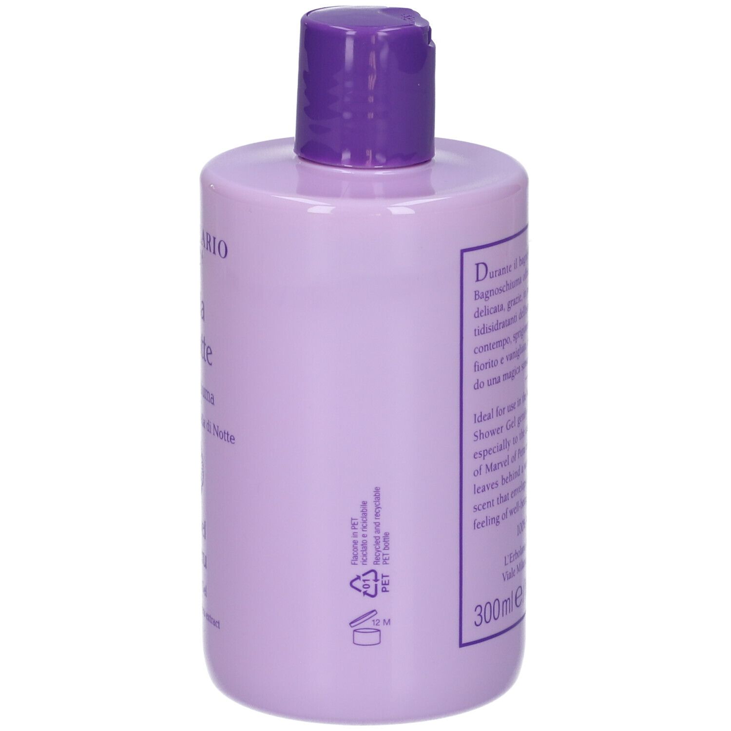 Flacone lilla con testo. Testo: Bella di Notte, Marvel of Peru. 300ml/10.1 fl oz. Simboli di riciclaggio.
