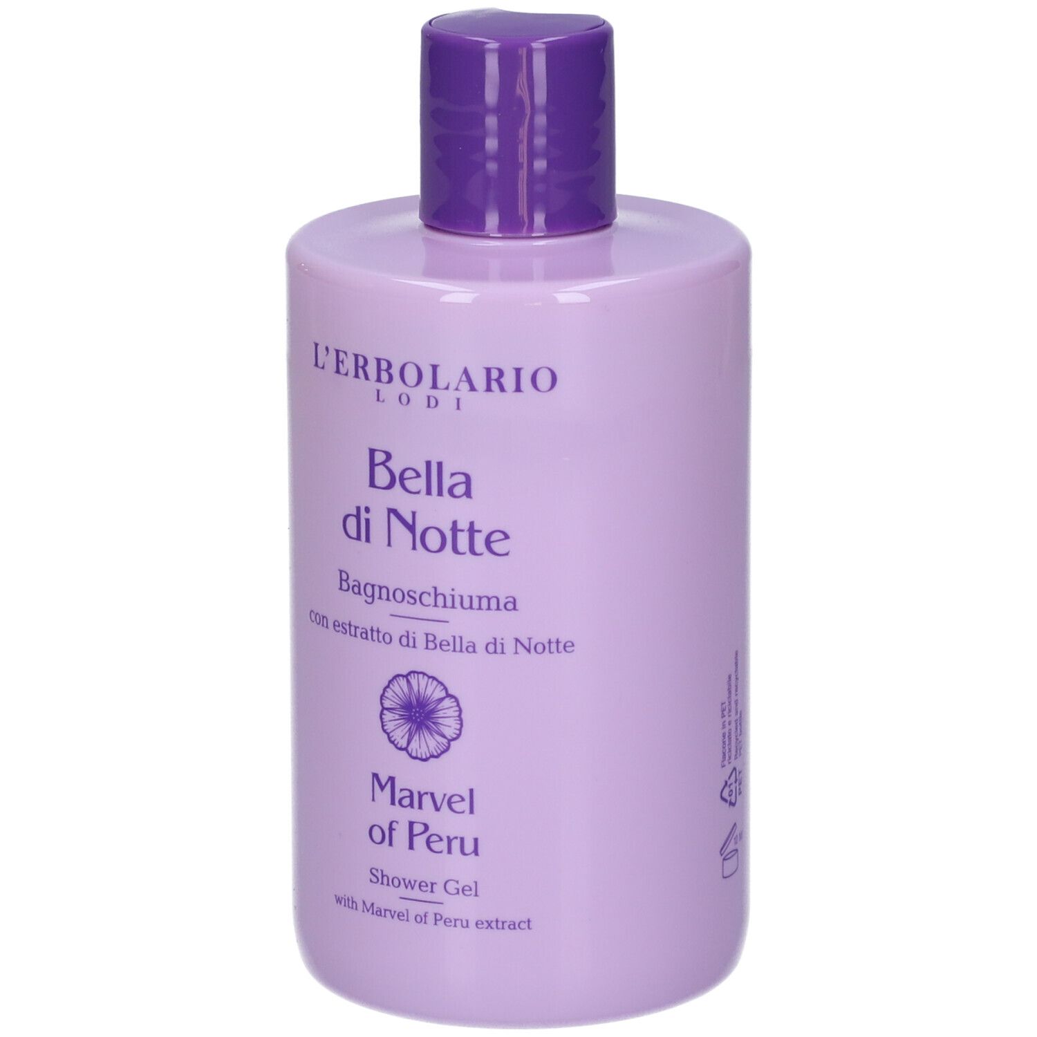 Flacone lilla con tappo viola. Scritta: Bella di Notte, Marvel of Peru. Gel doccia.