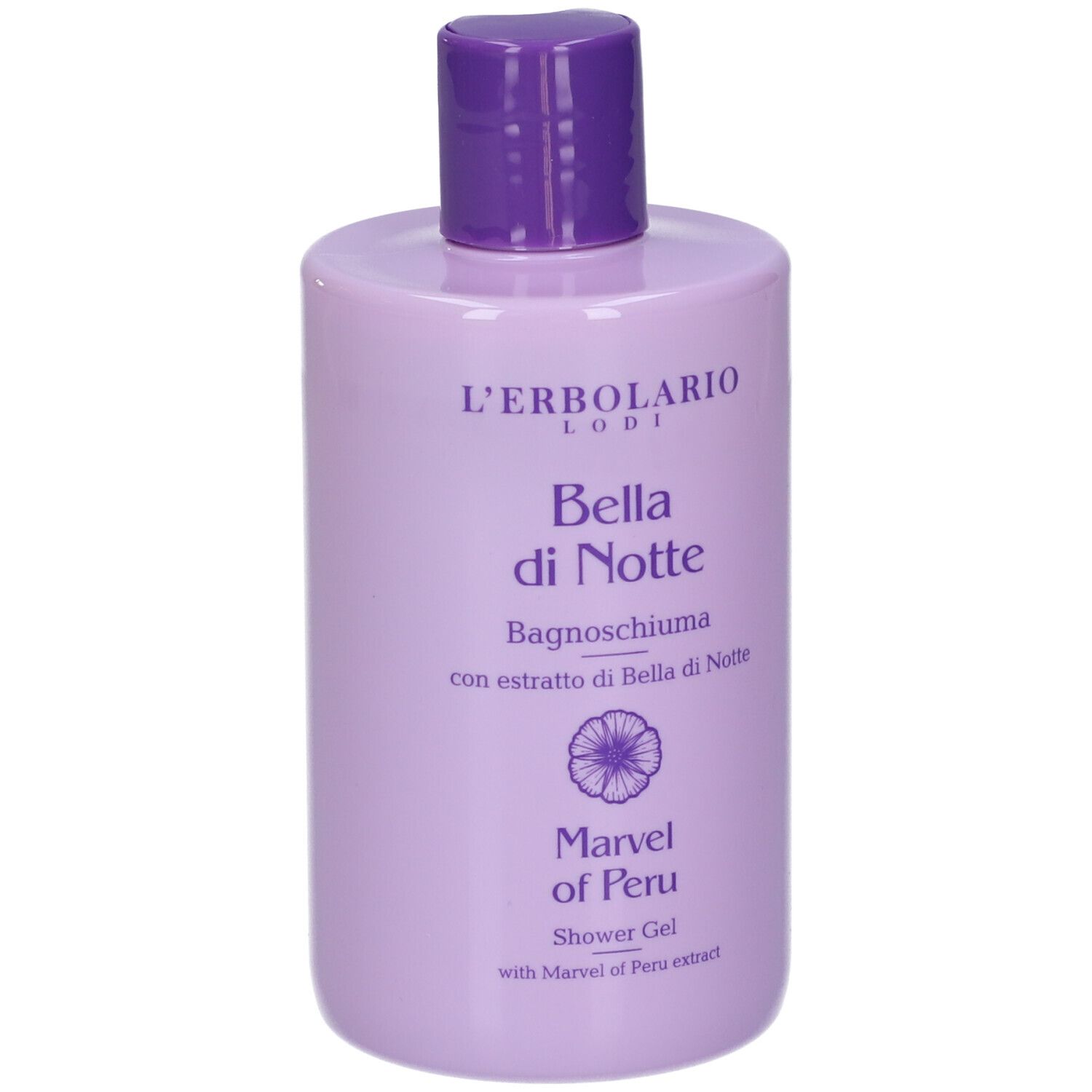 Flacone lilla con tappo viola. Scritta: Bella di Notte, Marvel of Peru. Gel doccia.