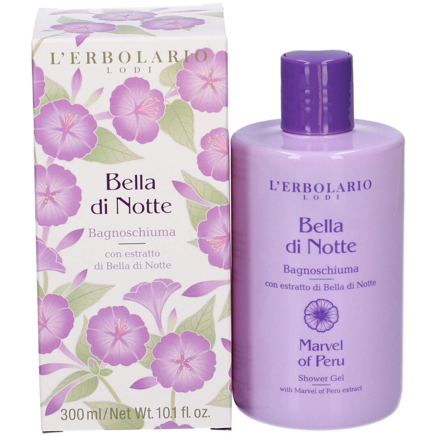 Confezione e flacone. Confezione con motivo floreale. Flacone: Bella di Notte, Marvel of Peru.