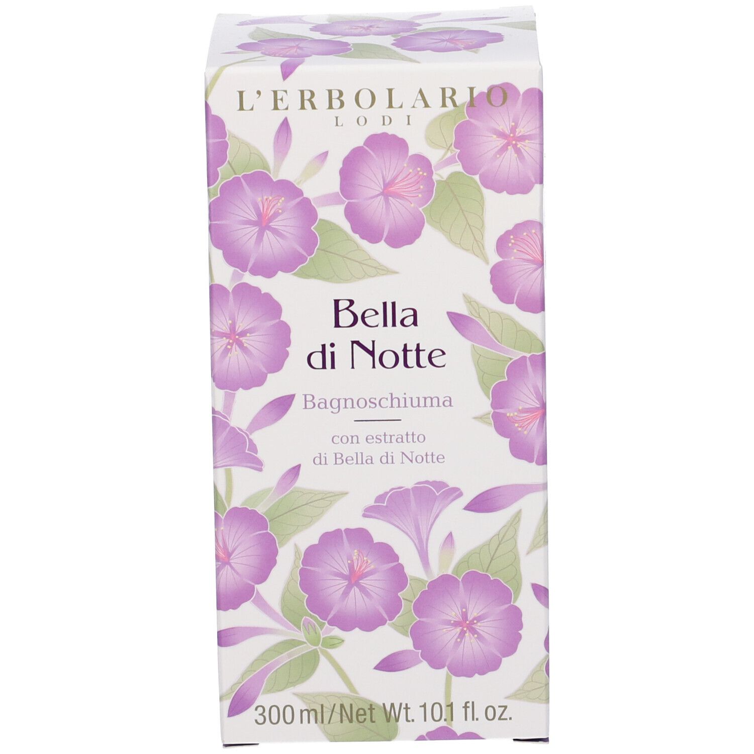 Confezione del prodotto. Motivo floreale. Testo: Bella di Notte, Bagnoschiuma. 300ml/10.1 fl oz.
