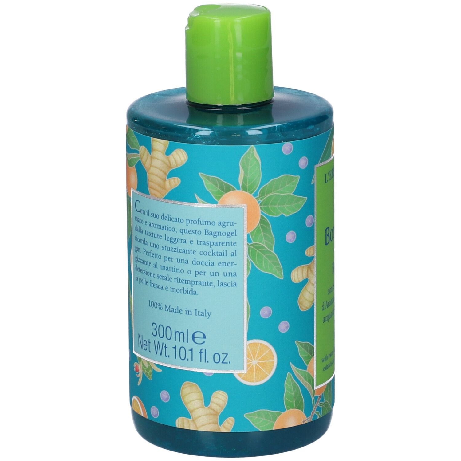 Retro del flacone verde. Testo e illustrazioni di arance e zenzero su sfondo blu.