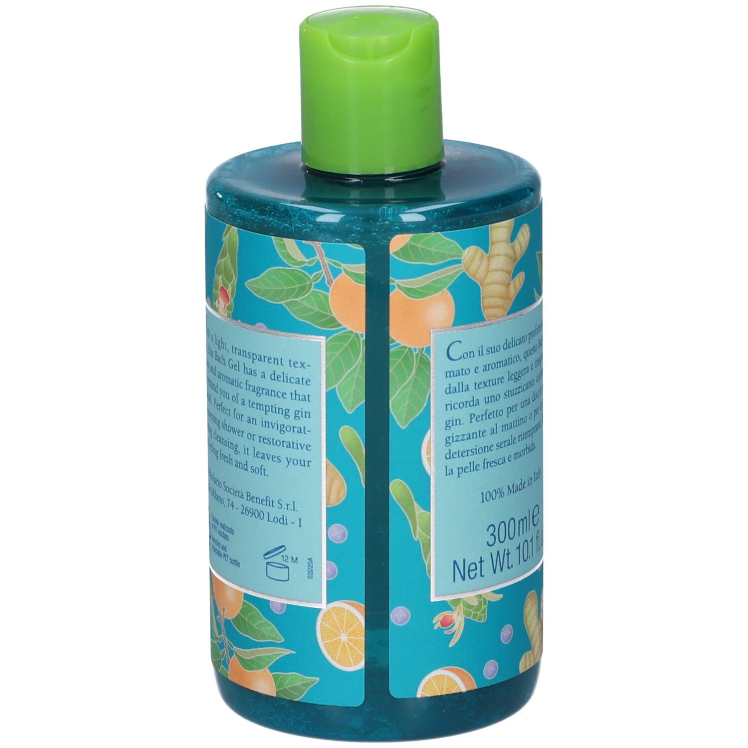 Retro del flacone verde. Testo e illustrazioni di arance e zenzero su sfondo blu.