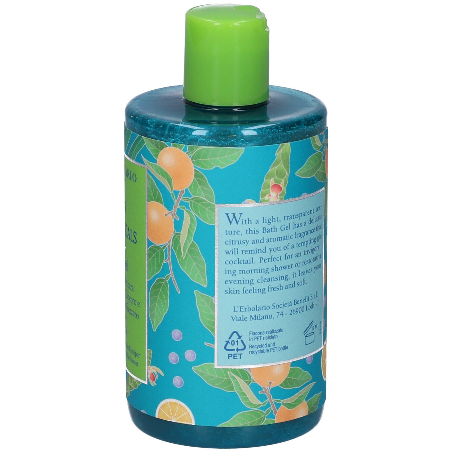 Retro del flacone verde. Testo e illustrazioni di arance e zenzero su sfondo blu.