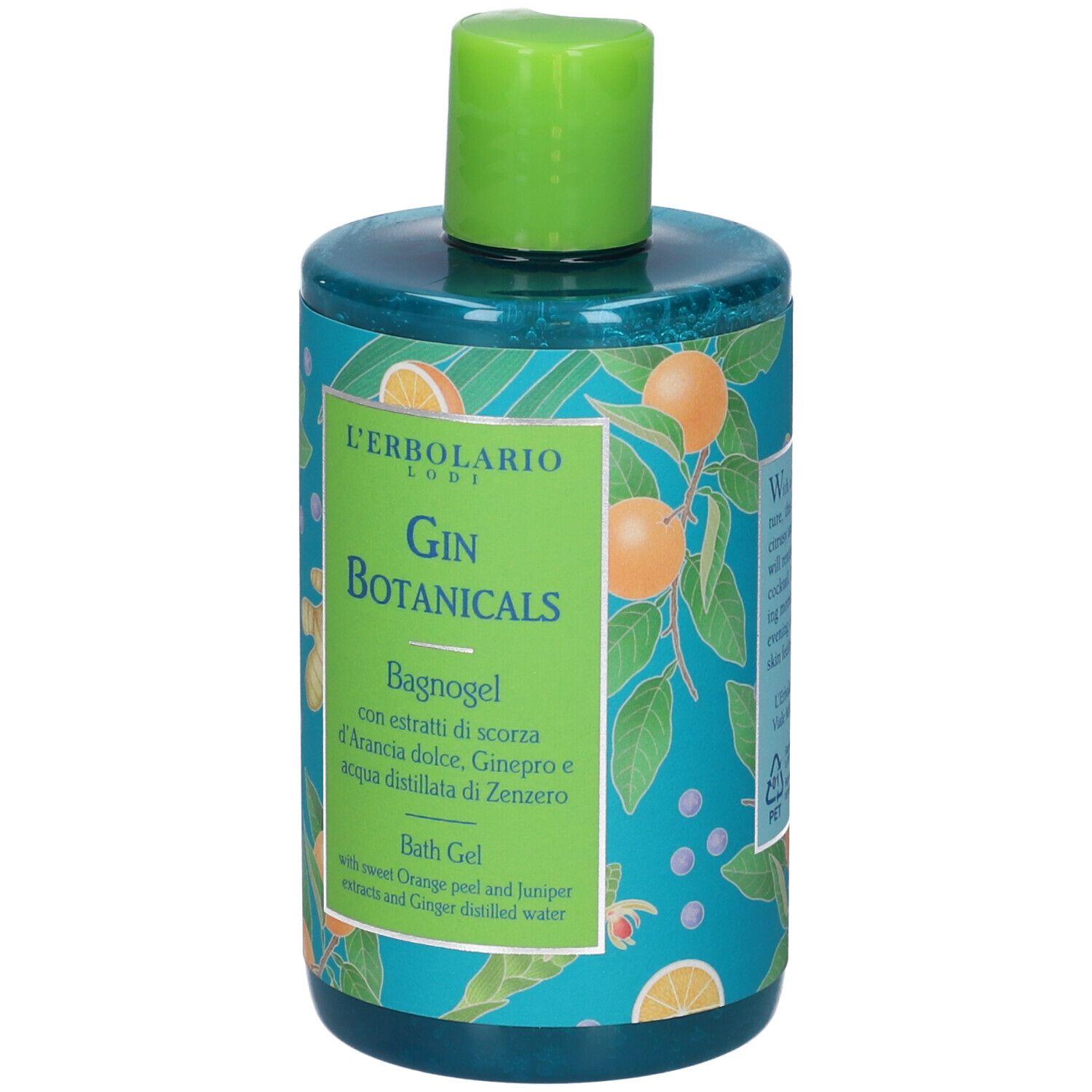 Flacone verde con tappo verde. Etichetta con nome del prodotto e illustrazioni di arance e zenzero.