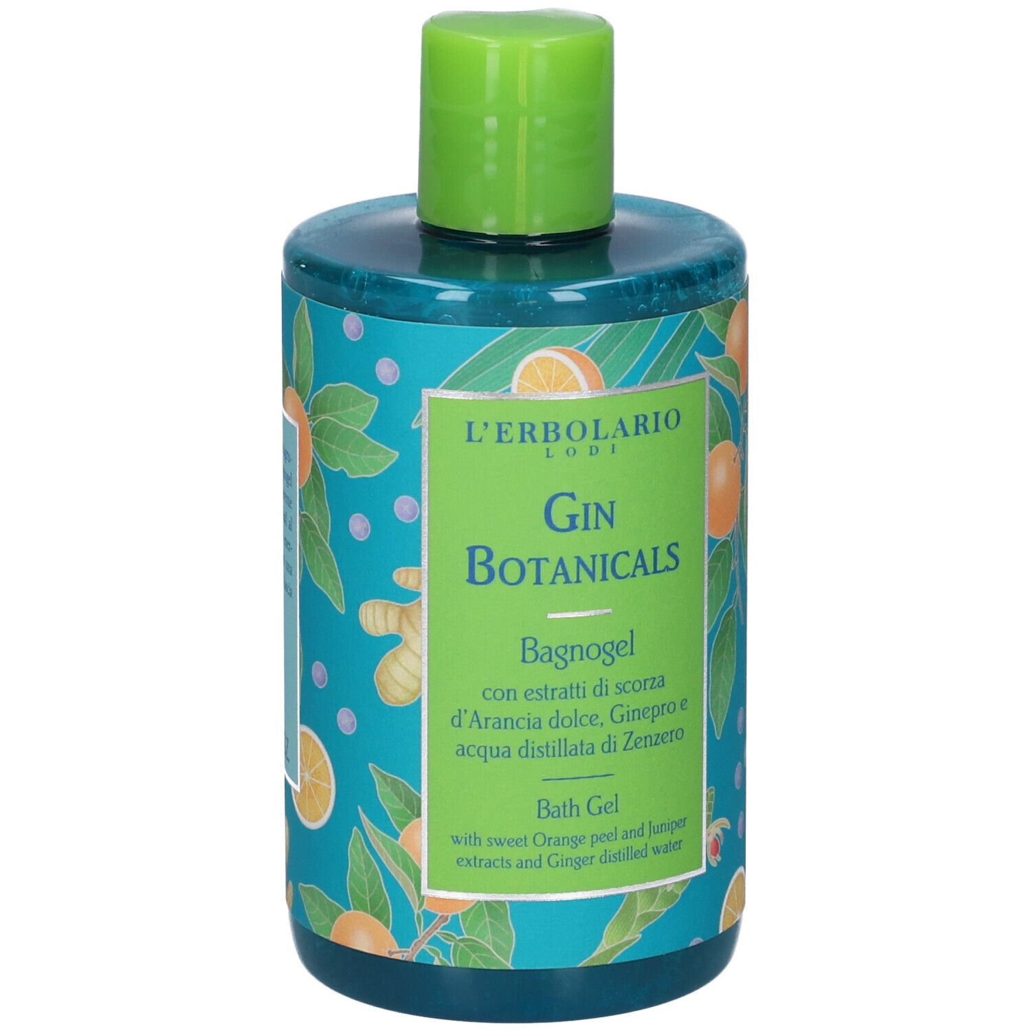 Flacone verde con tappo verde. Etichetta con nome del prodotto e illustrazioni di arance e zenzero.