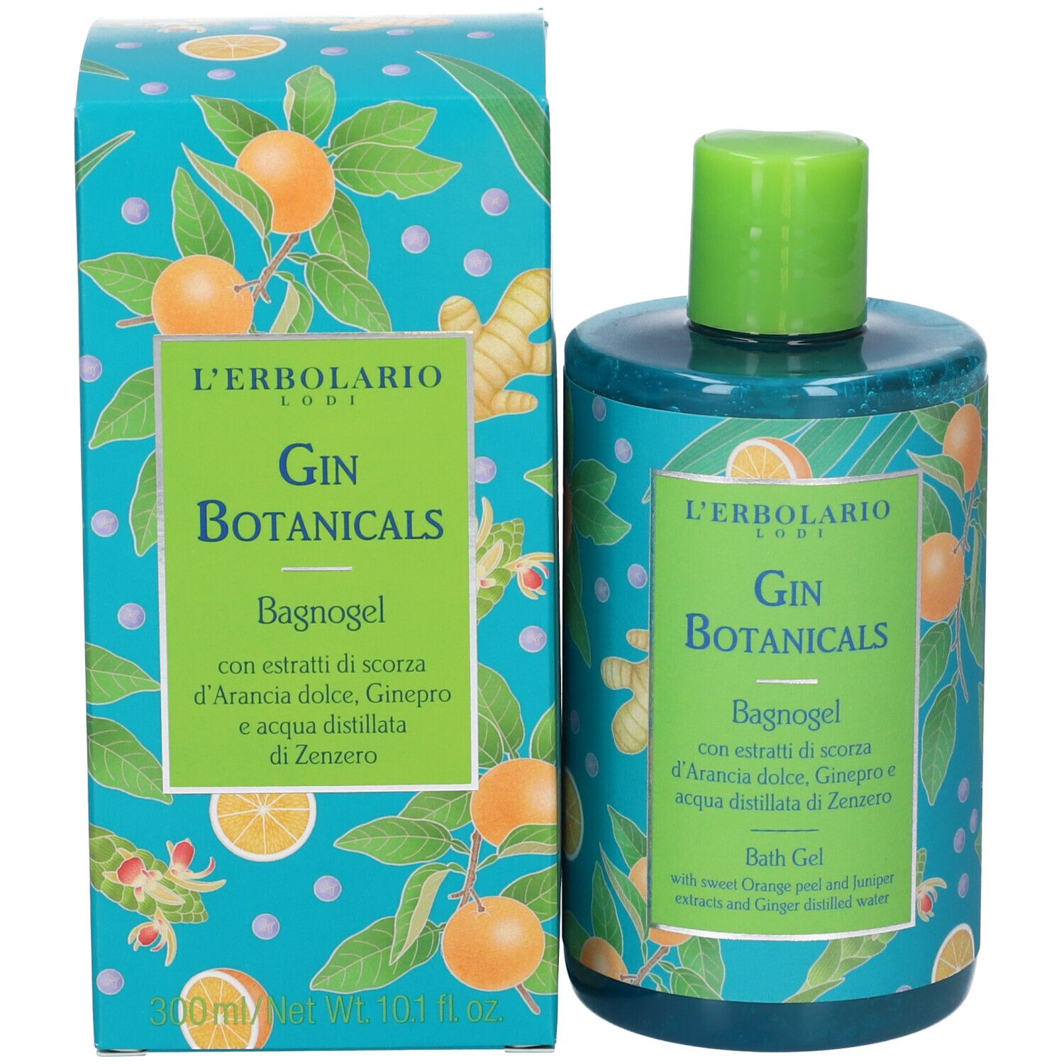 Flacone e confezione del prodotto. Flacone e scatola con nome del prodotto e illustrazioni di arance e zenzero.