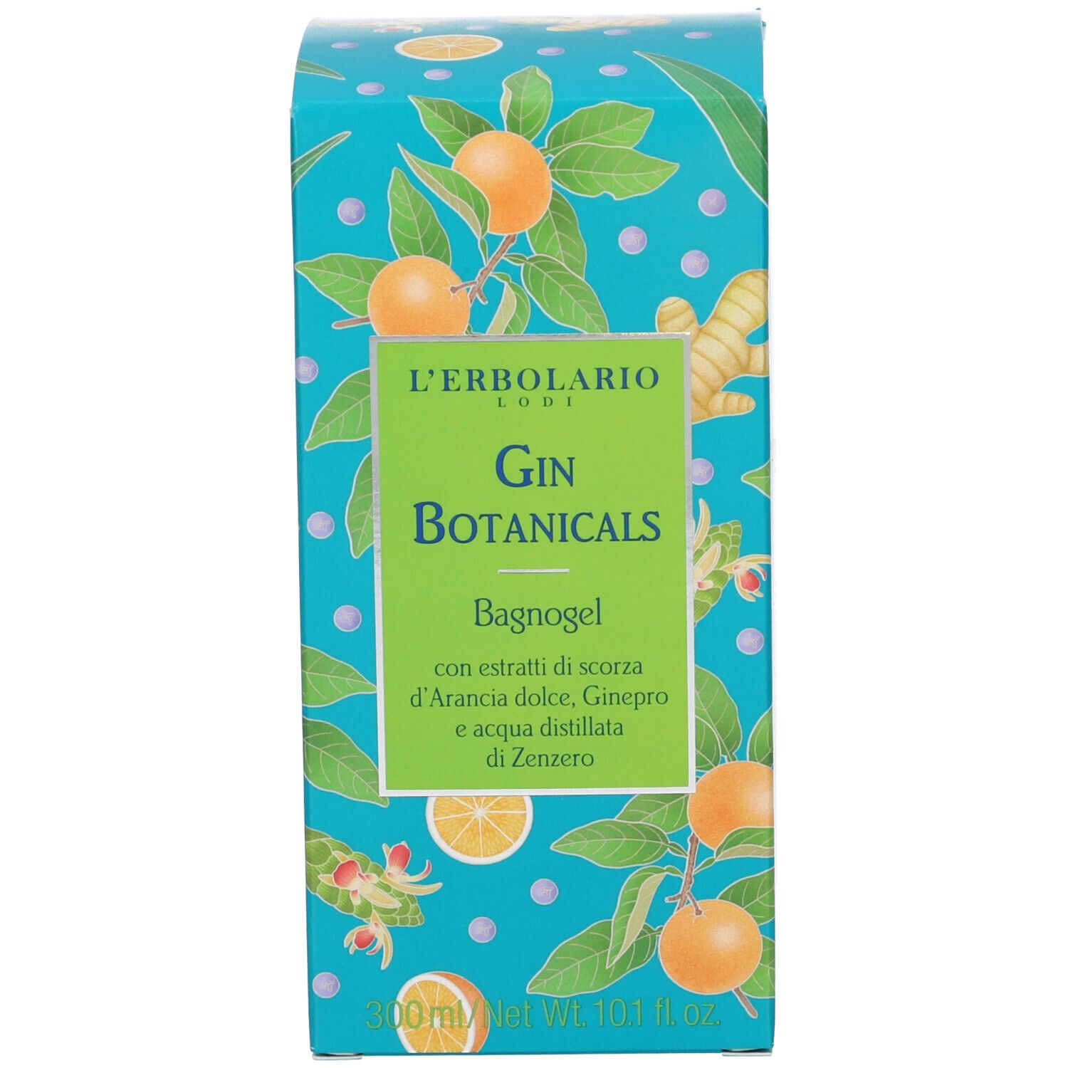 Confezione del prodotto. Scatola con nome del prodotto e illustrazioni di arance e zenzero.